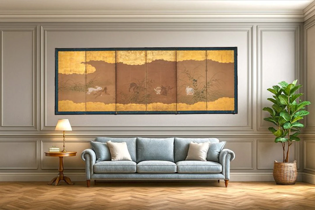 Folding screen with running rabbits - Gold leaf