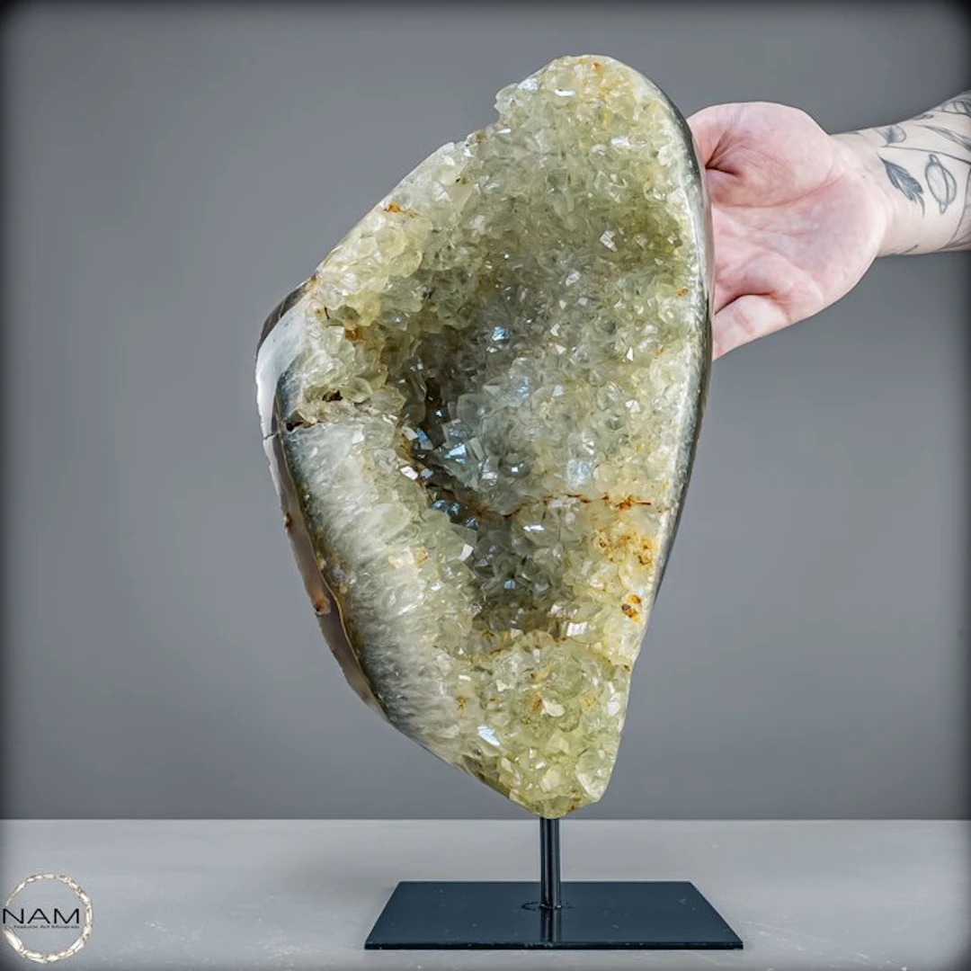 Natural prasiolite agate druzy on stand from Uruguay – A...