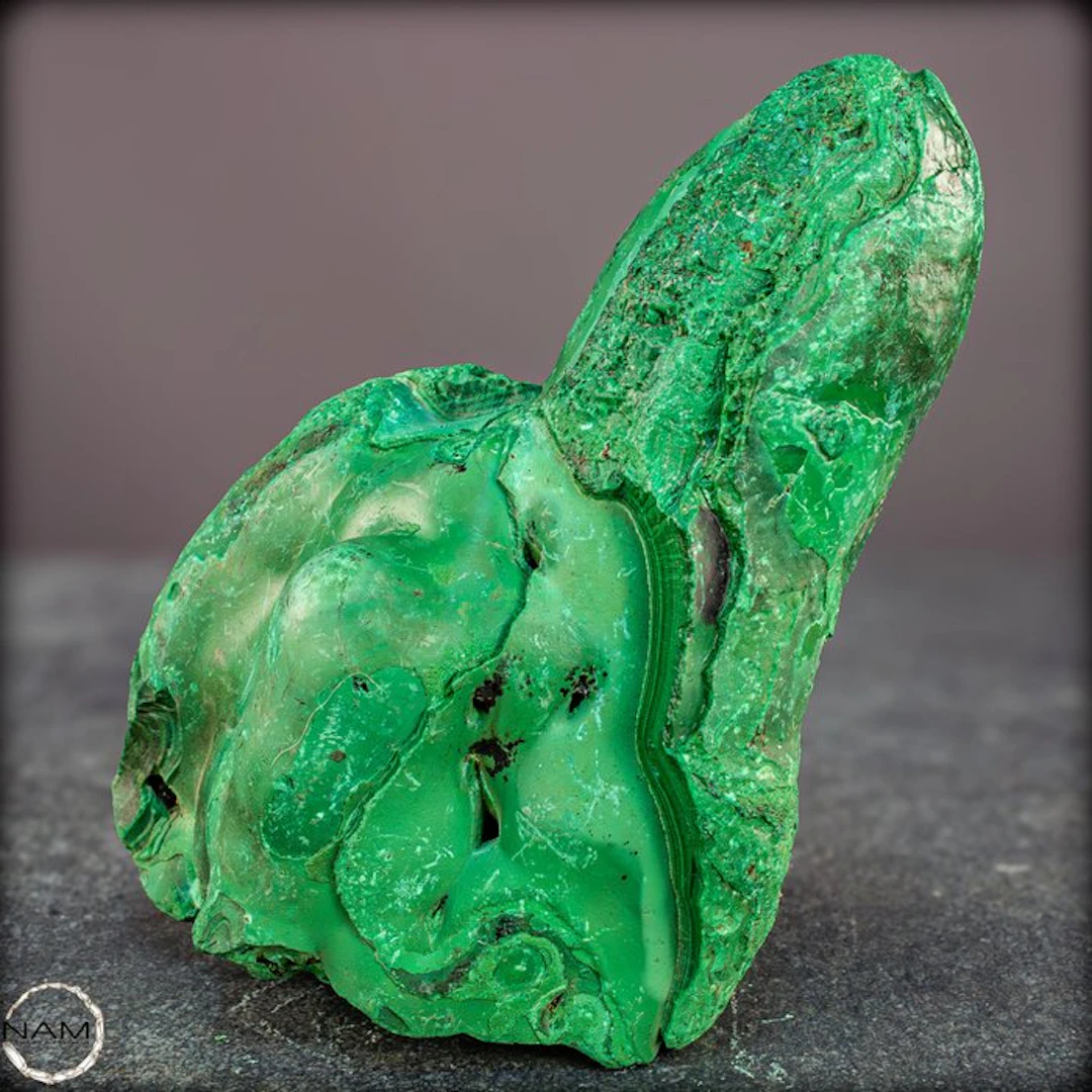 Natural malachite stalactite step with concentric...
