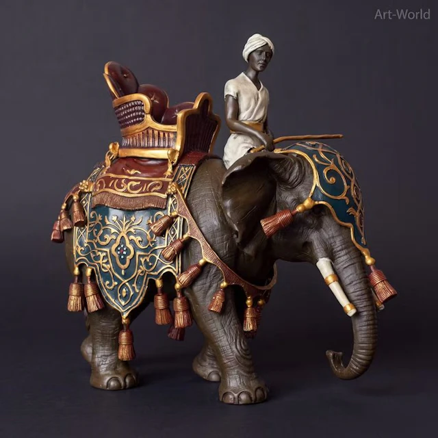 Statue, Bronzen sculptuur van een olifant met rijder - 23 cm - Bronze