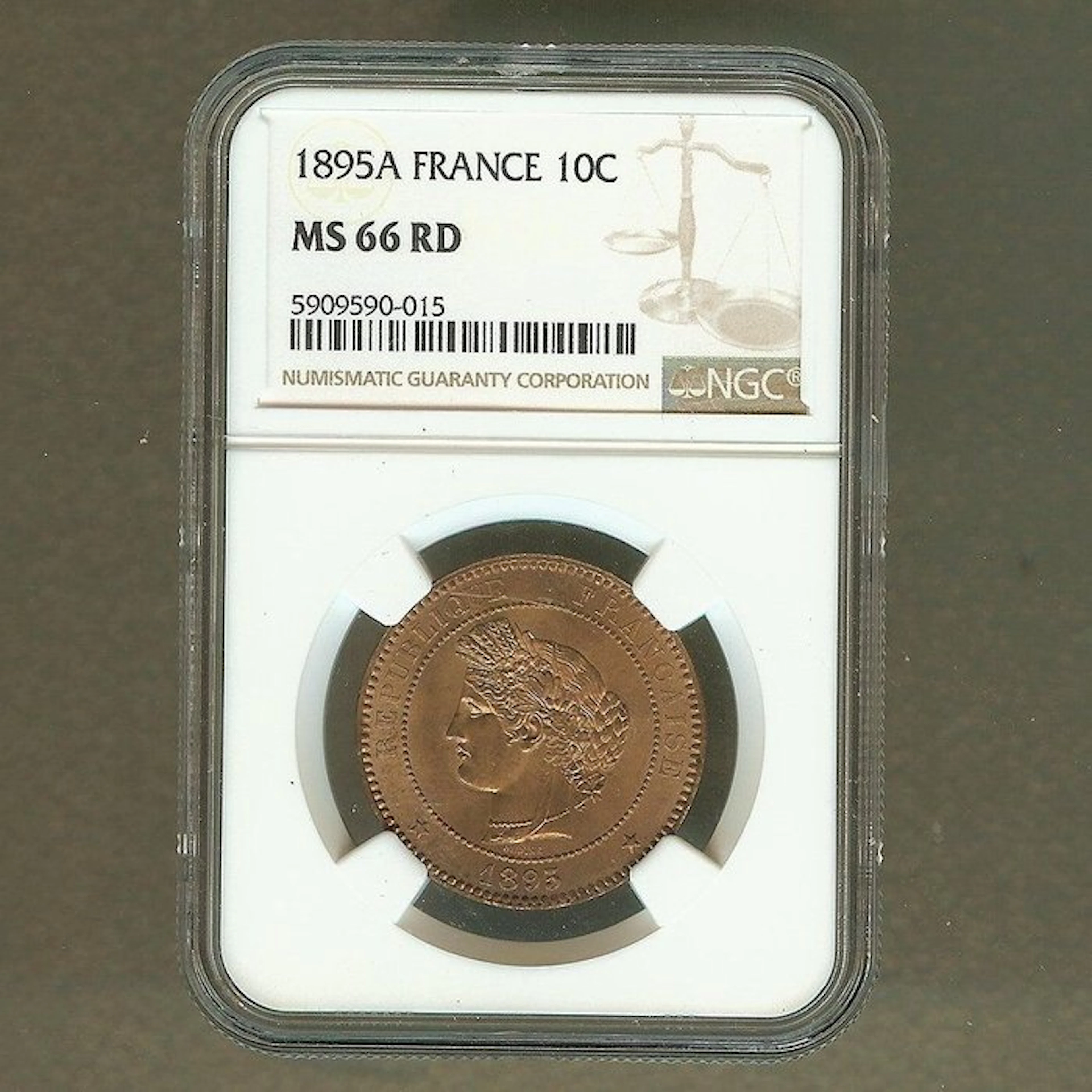 France. 10 Centimes 1895 Cérès. NGC MS66 RD (No reserve price)