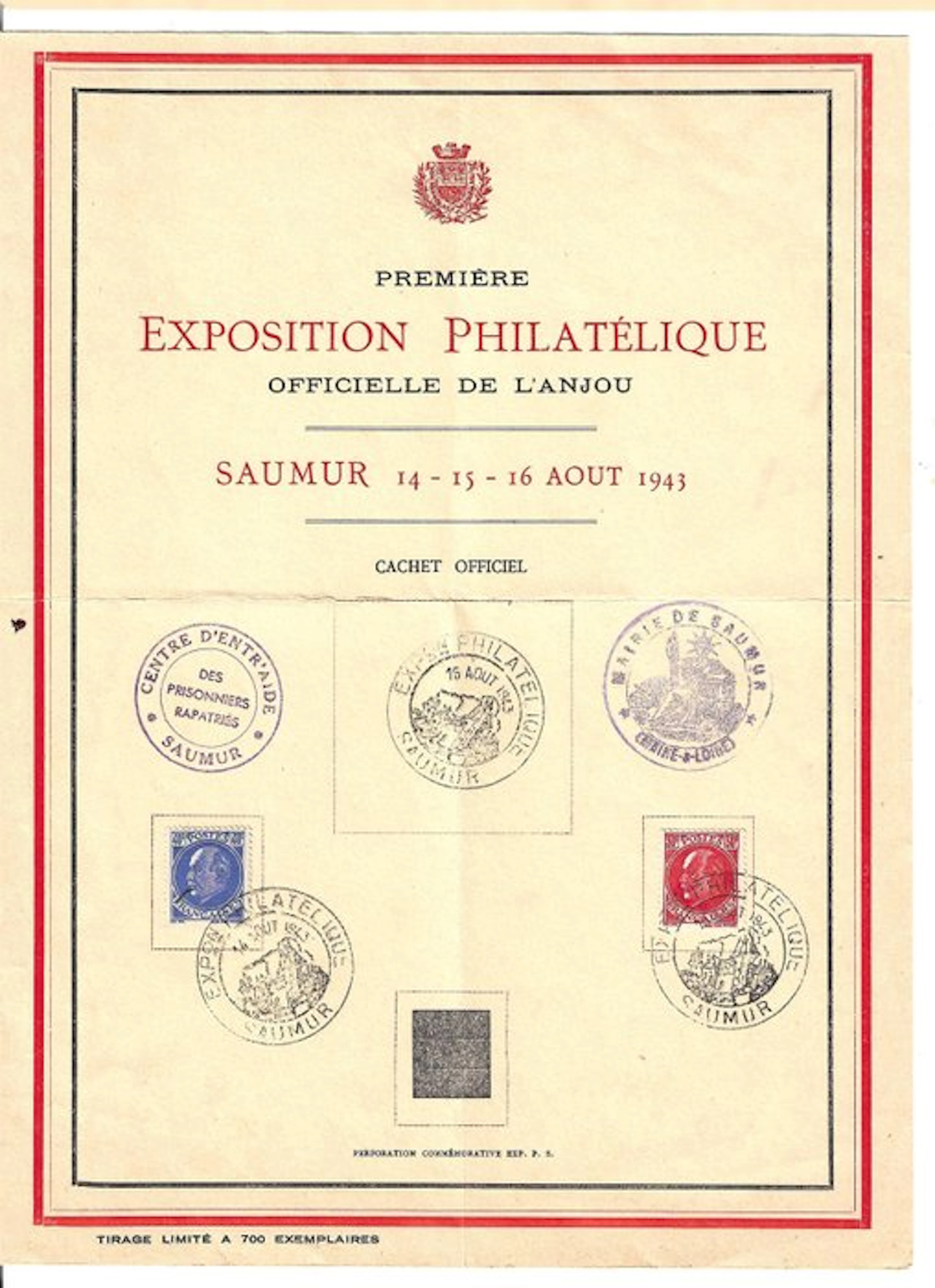 France 1943 - Sheet issued during the Saumur philatelic exhibition.