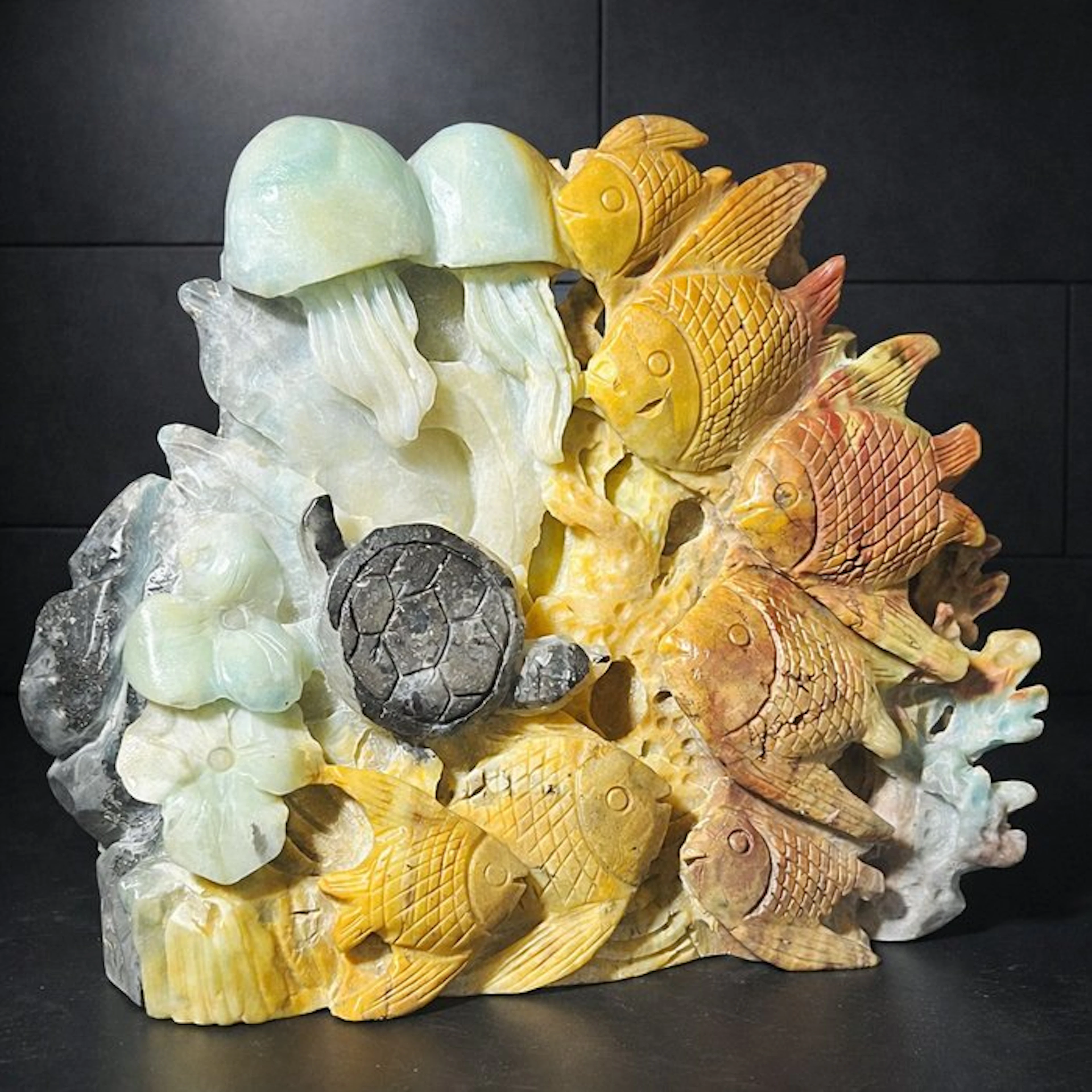 Hand Carved Aragonite Ocean Scene with Fish