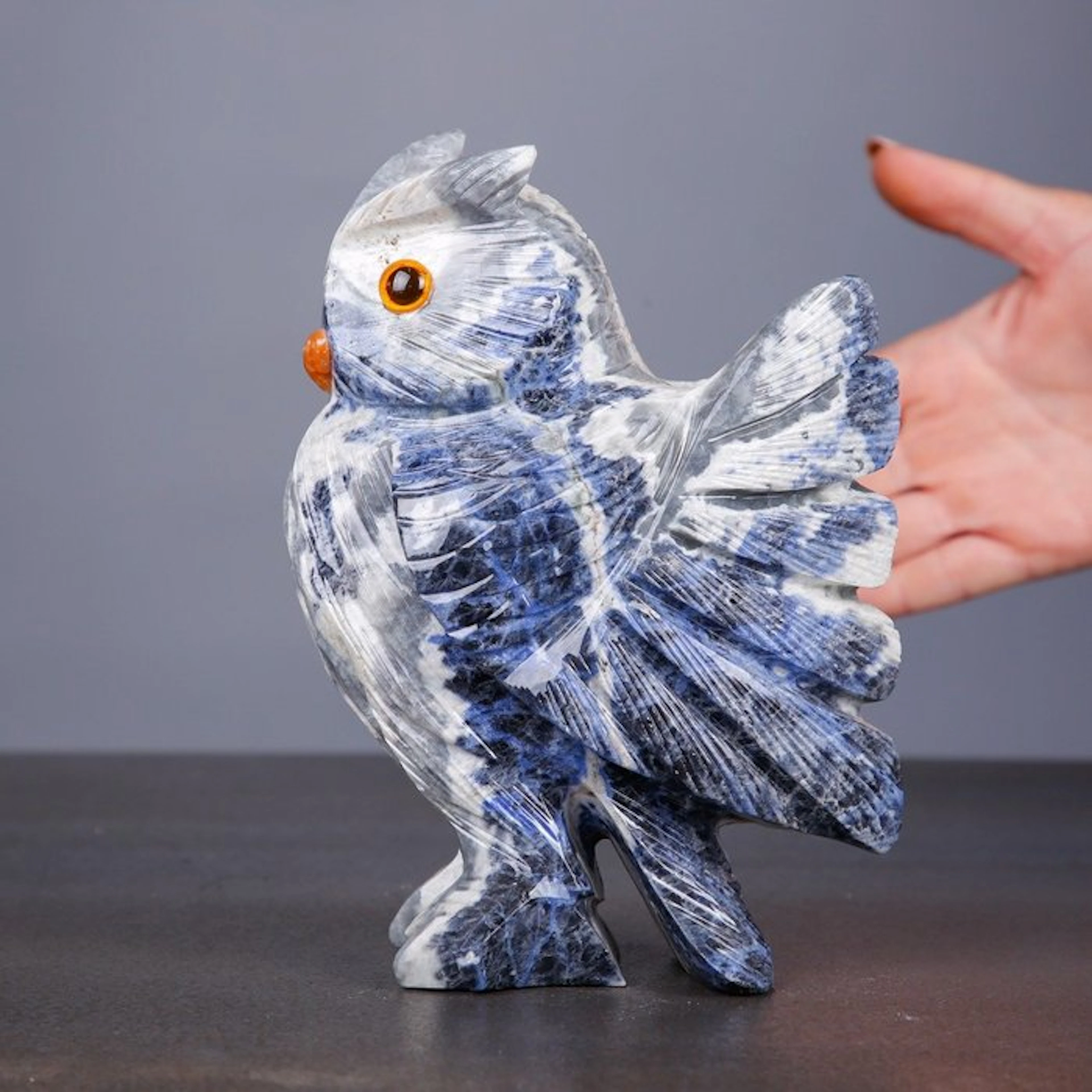 Hand-Carved Brazilian Sodalite and Calcite Owl...