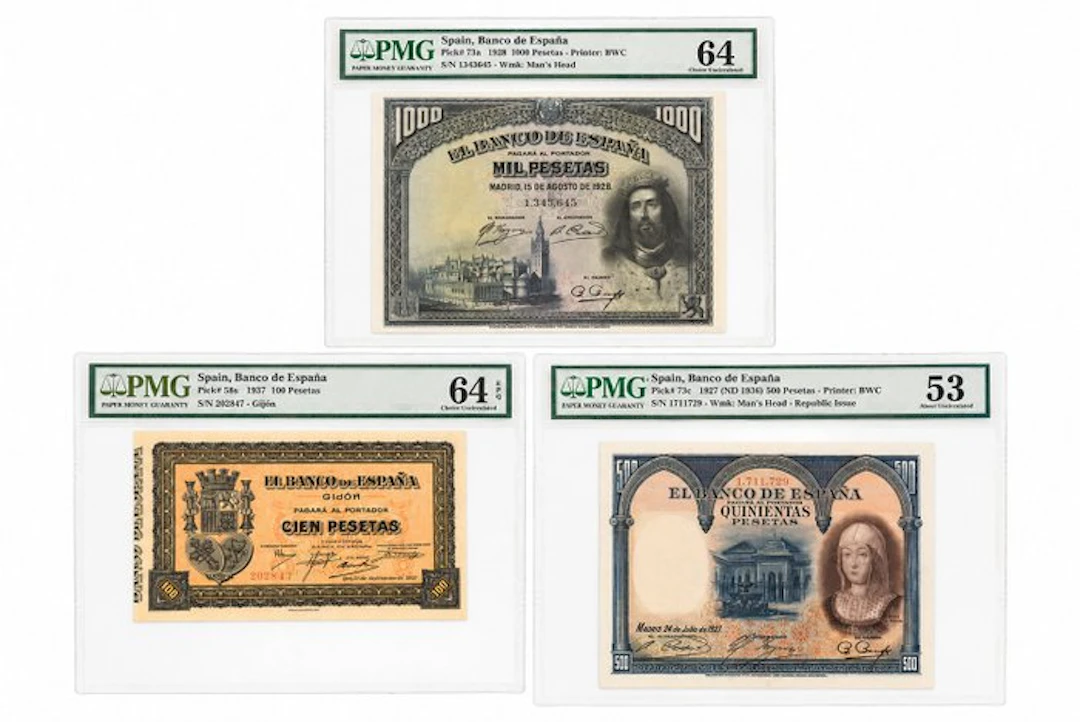 Espagne. - 3 slabbed banknotes - Various Dates - Pick58, 73a, 73c, (Sans prix de réserve)