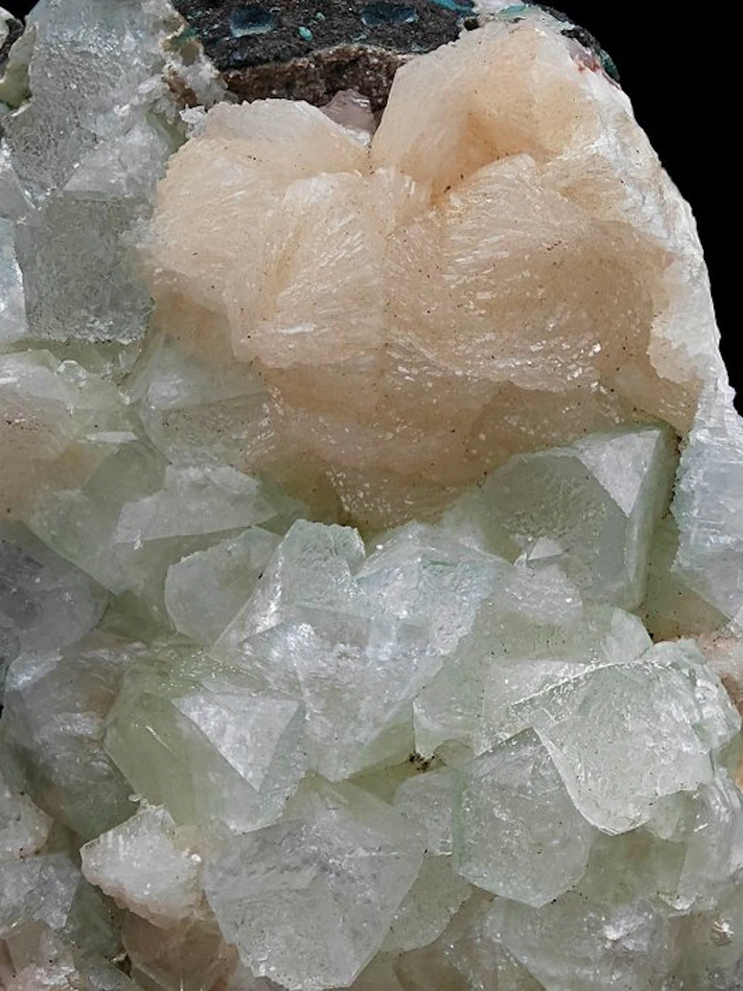 Green apophyllite aesthetic with pink stilbite