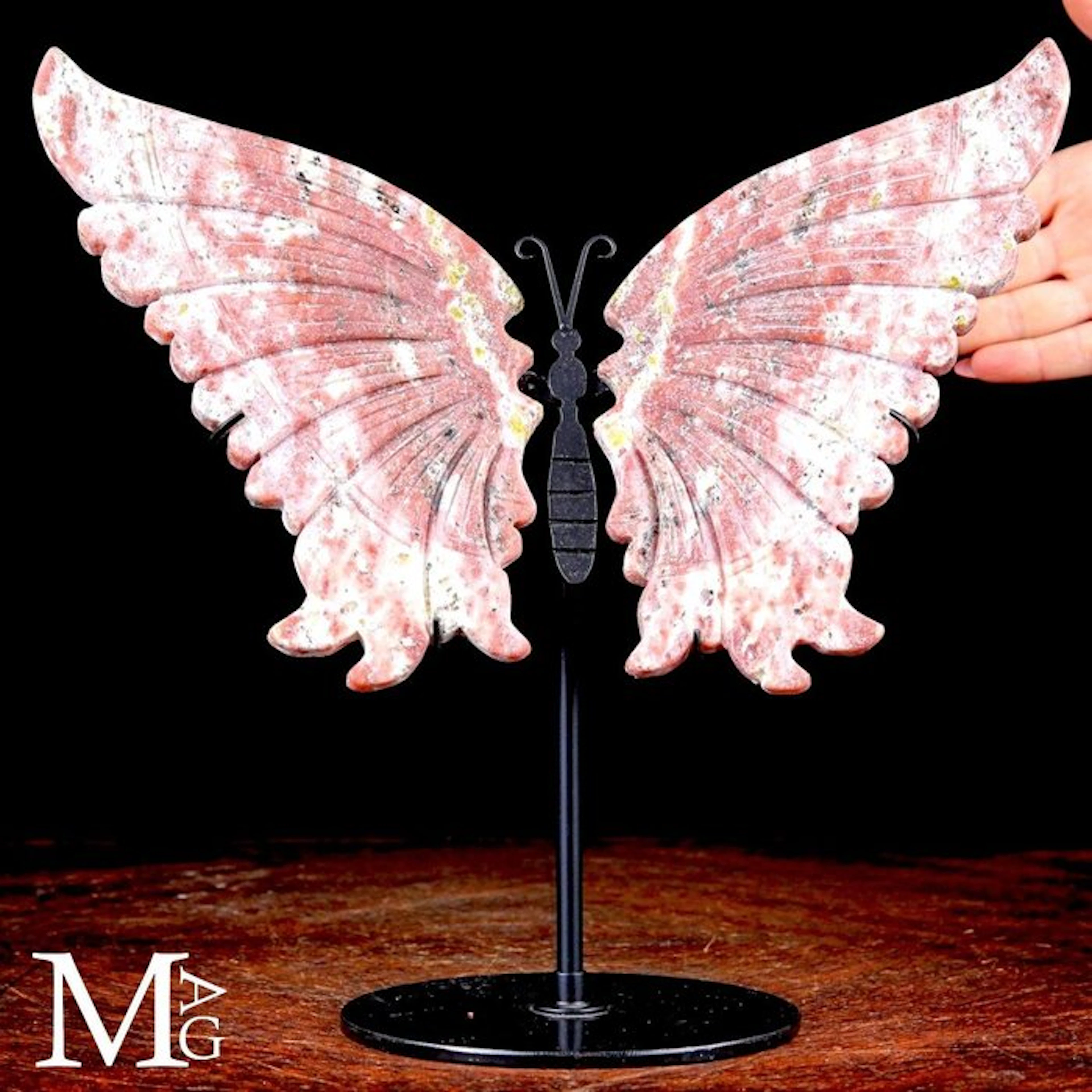 Hand-Carved Pink Feldspar and Quartz Butterfly Wings...
