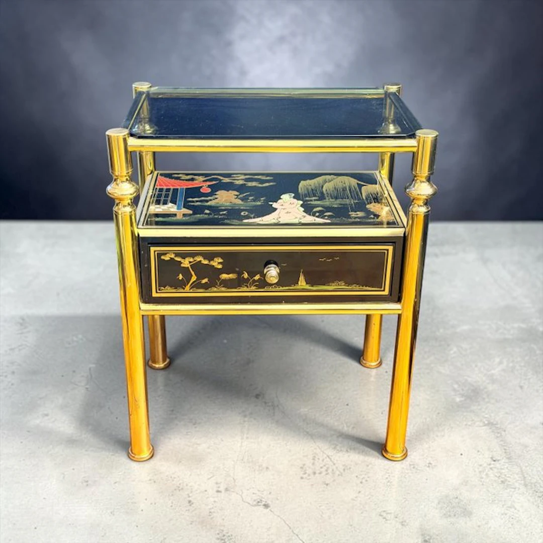 Stilart - Side table - Central Drawer - Brass, Wood - Floral Decoration