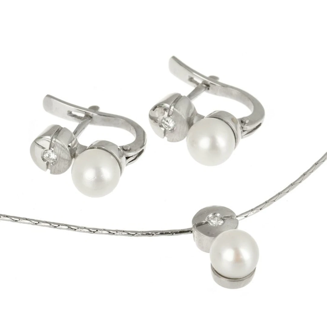 2 piece jewellery set - 18 kt. White gold Pearl - Diamond
