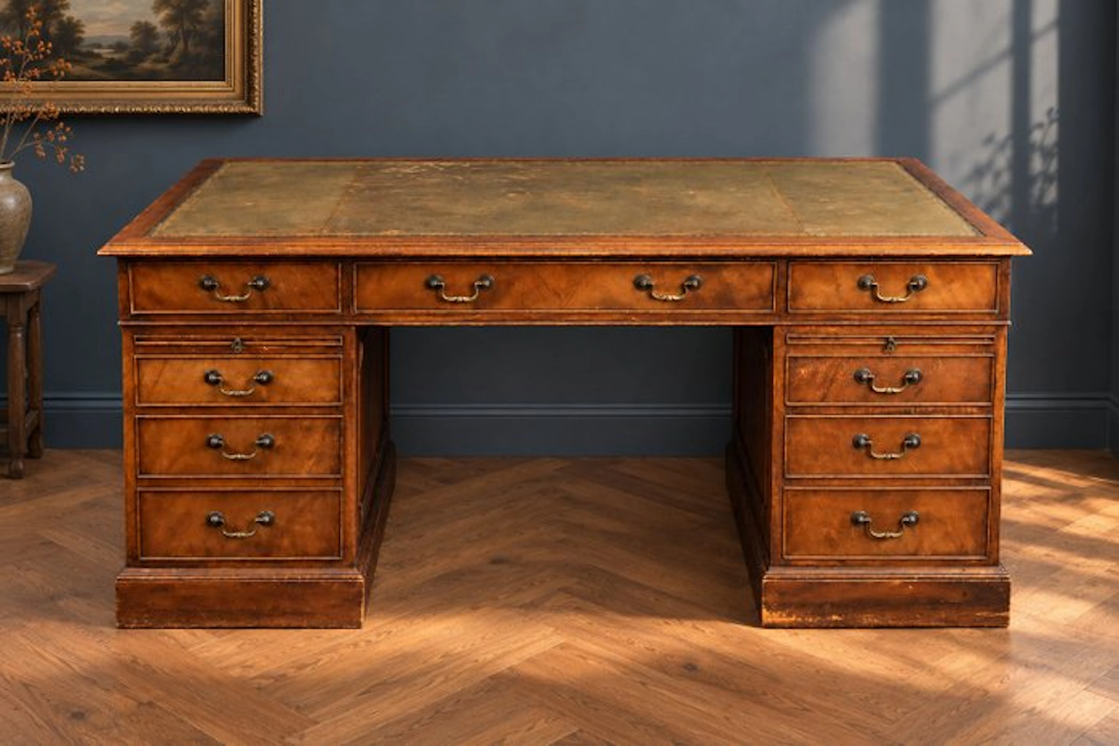 Desk - oak, mahogany and genuine leather