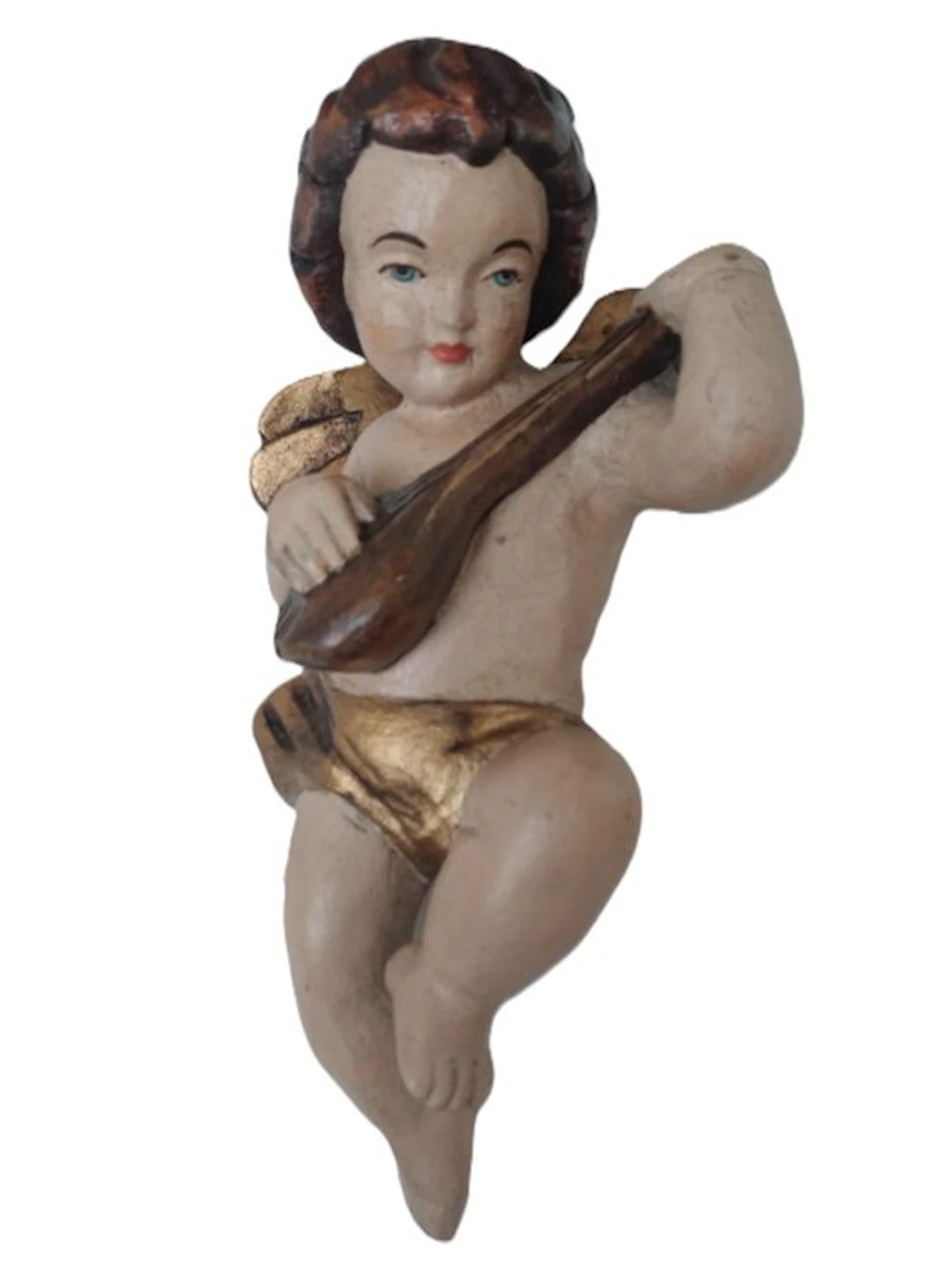Carving, Holzfigur - farbiger Engel mit Mandoline...