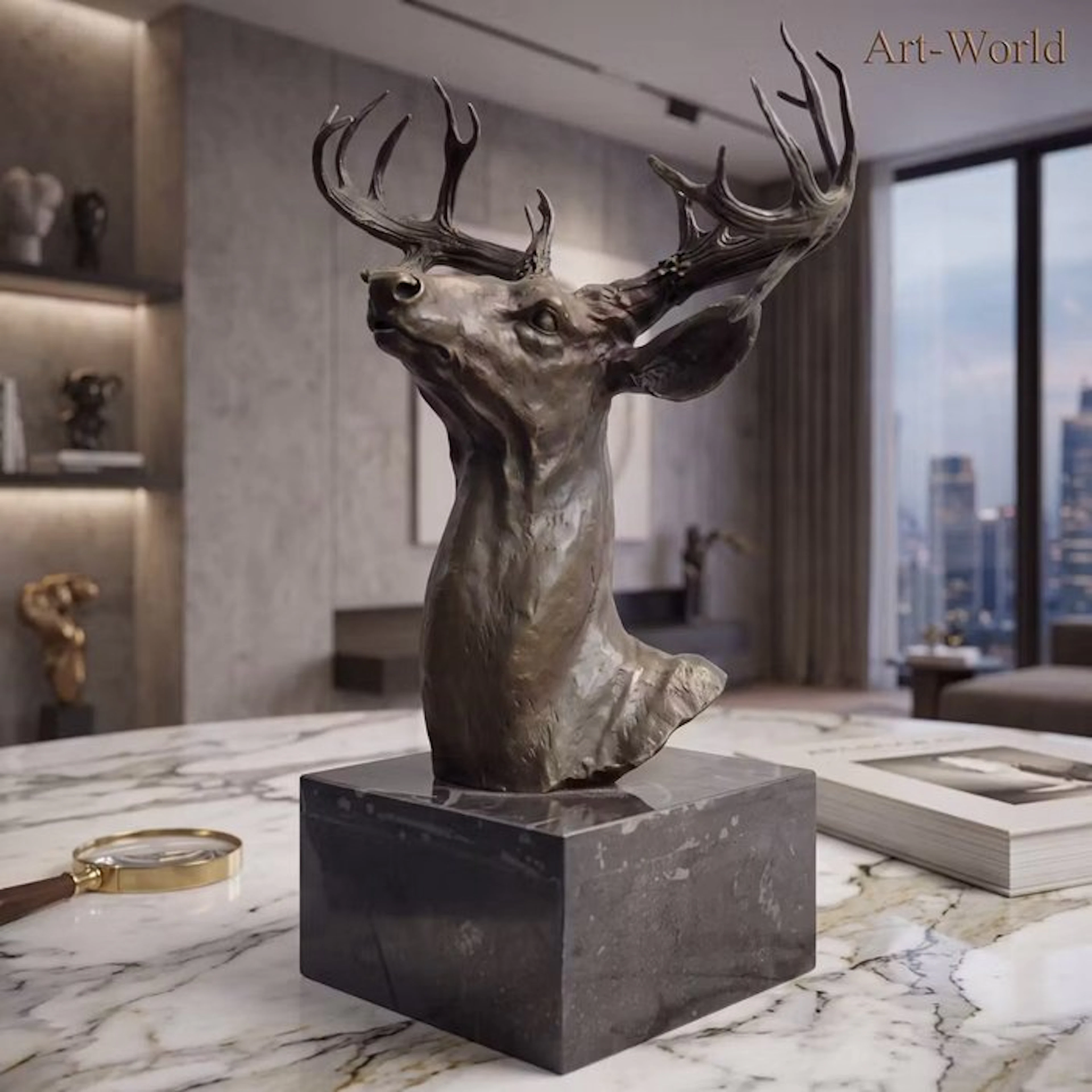 Statue, Exclusief brons sculptuur van een hertenkop