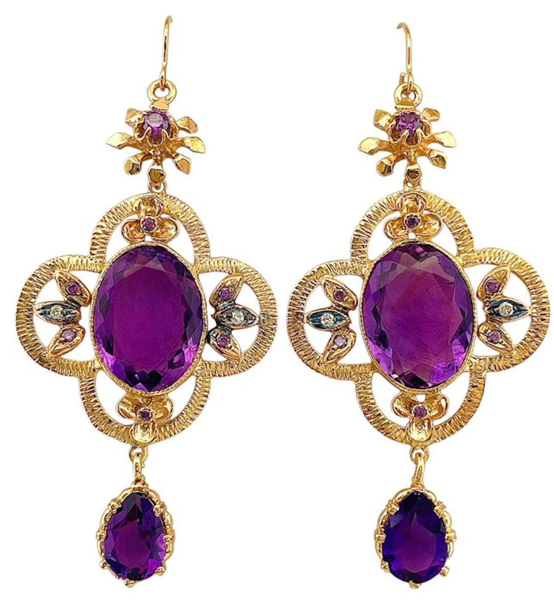 No reserve price - Earrings - 9 kt. Yellow gold, Silver Amethyst - Diamond