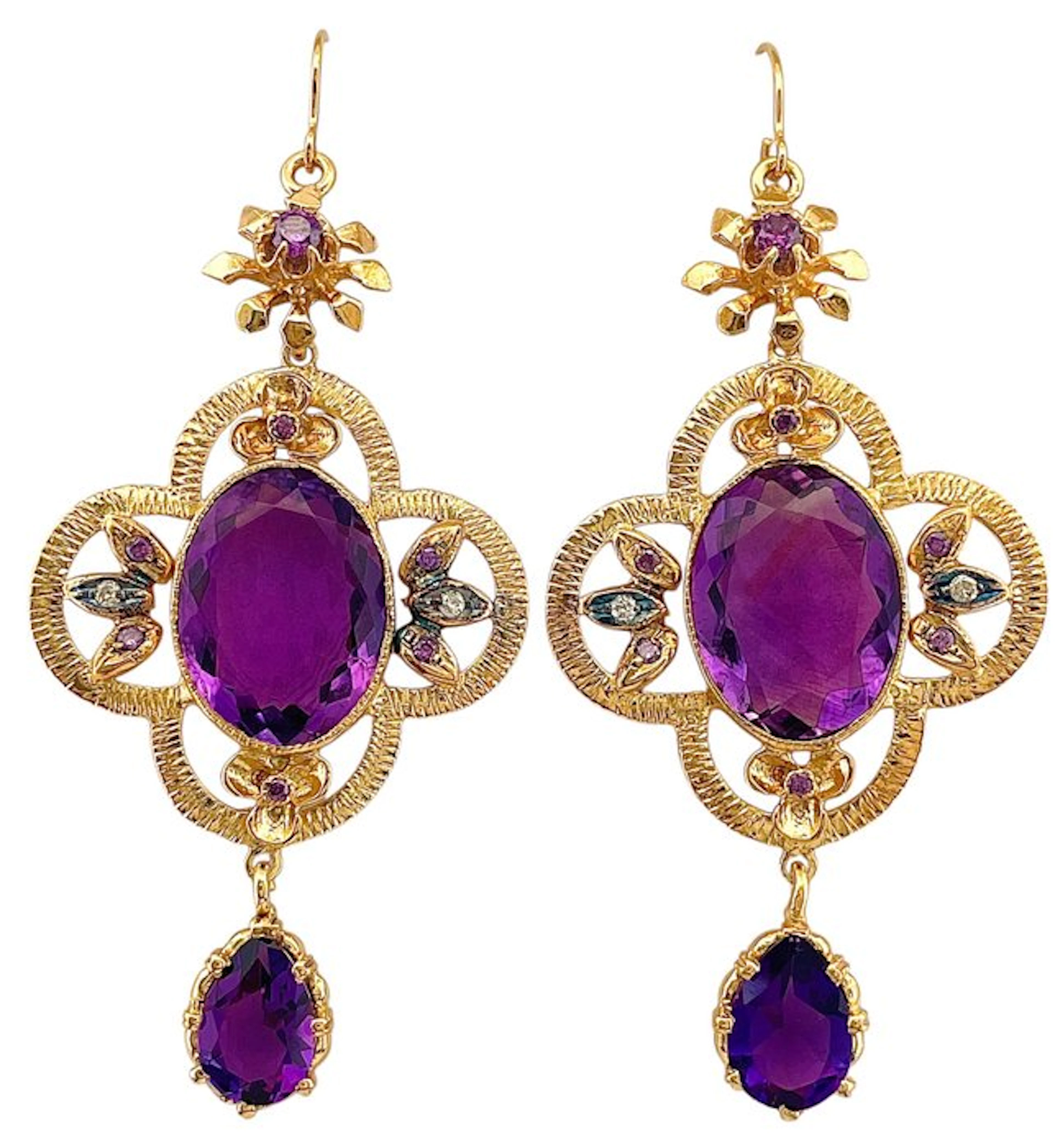 No reserve price - Earrings - 9 kt. Yellow gold, Silver Amethyst - Diamond