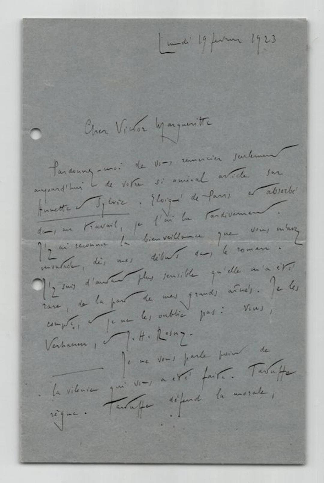 Romain Rolland - Lettre autographe signée à Victor Margueritte - 1923