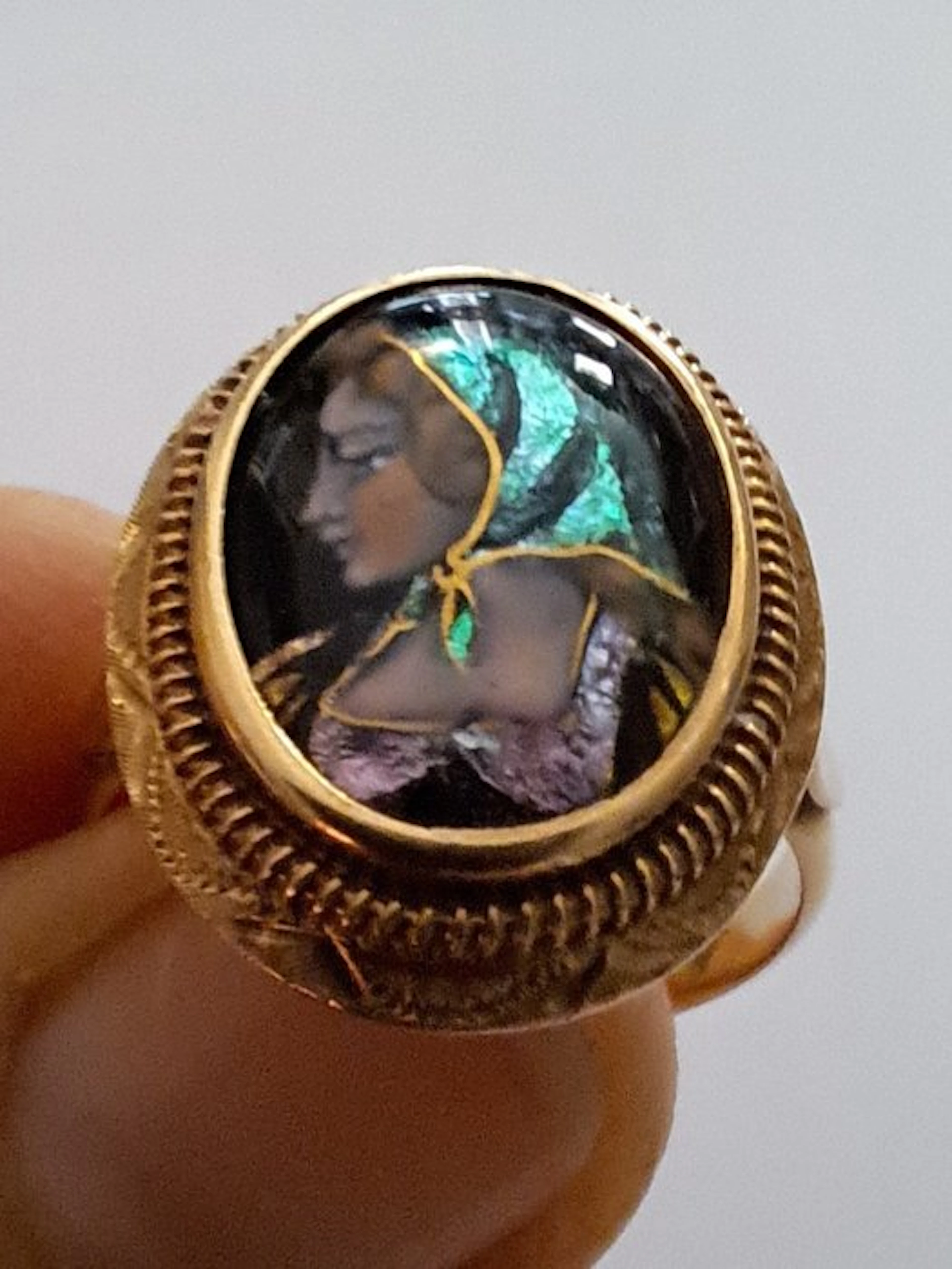 Ring - 18 kt. Yellow gold Onyx - Artistic enamel-painted painting