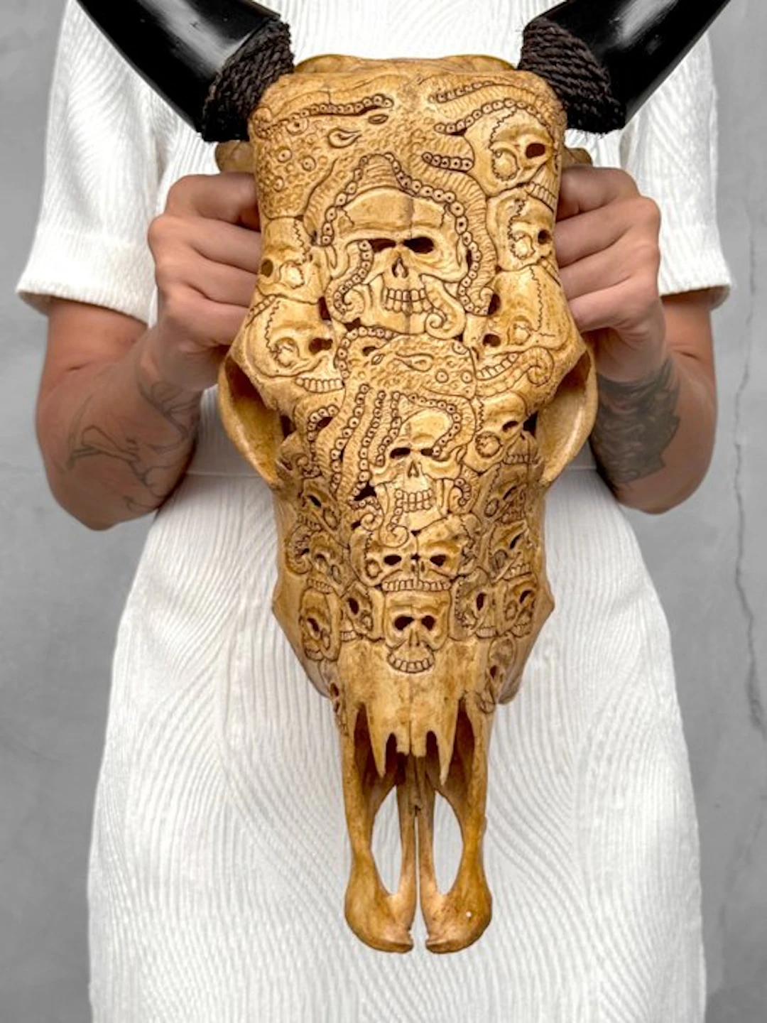 NO RESERVE PRICE - Stunning Brown Hand-Carved Cow Skull...