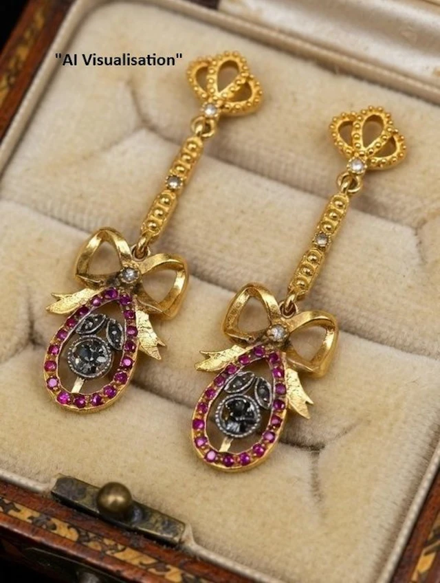 No reserve price - Earrings - 9 kt. Silver, Yellow gold Ruby - Diamond