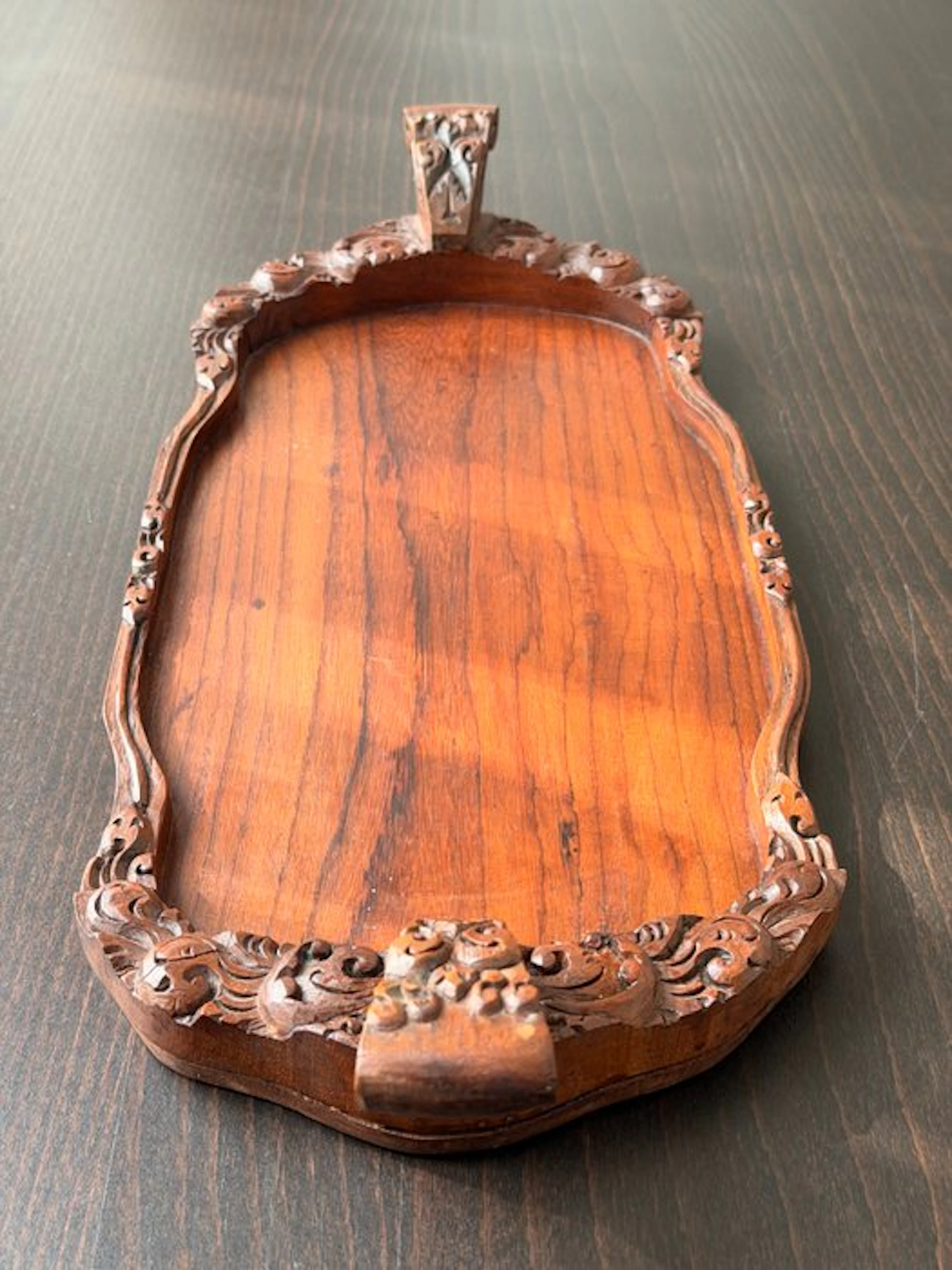 Antique Hand-Carved Wooden Tray with Rich Baroque-Style...