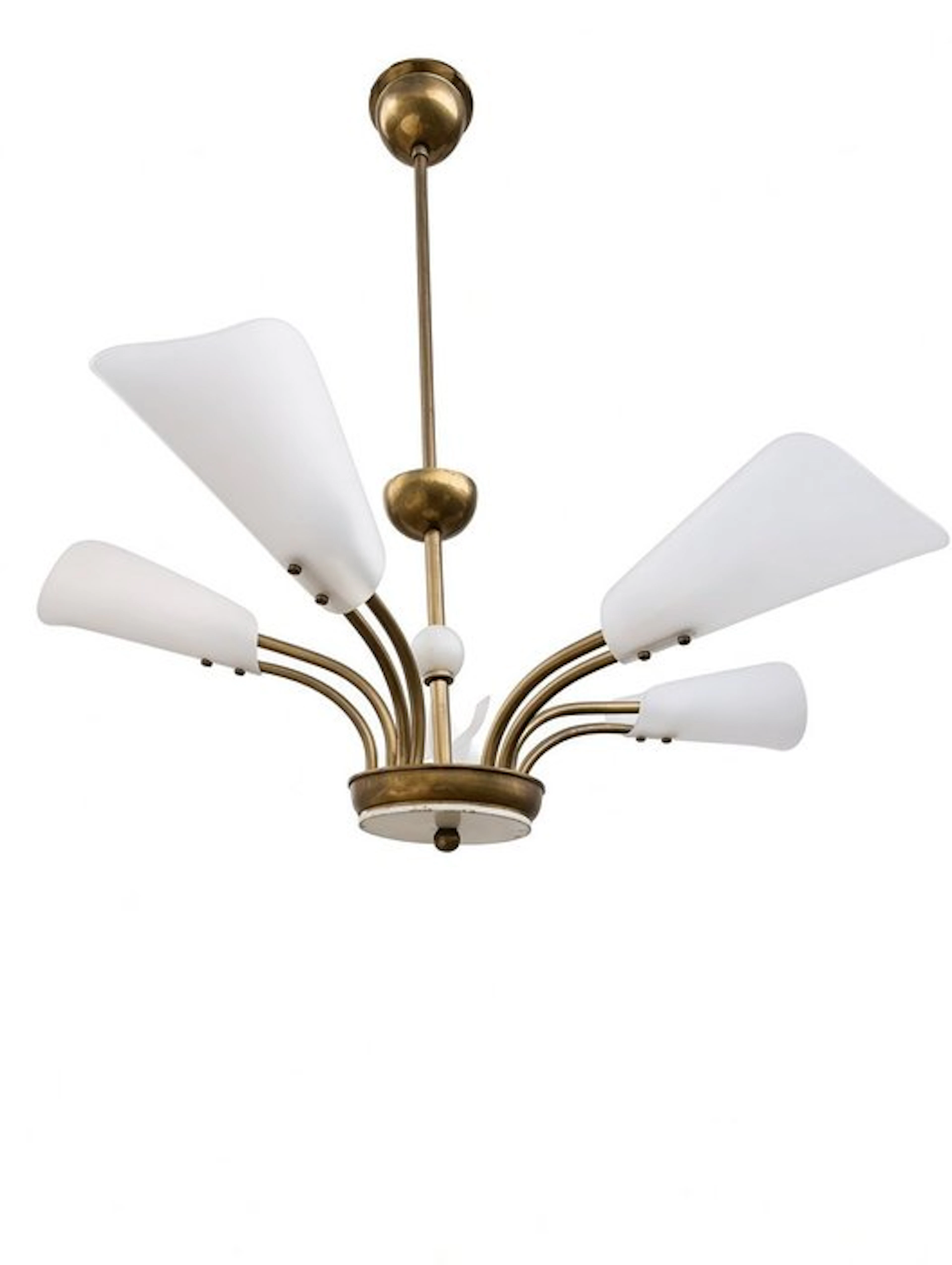 Hanging lamp - Brass, Glass, Wood - Five-light chandelier, 1950s style.