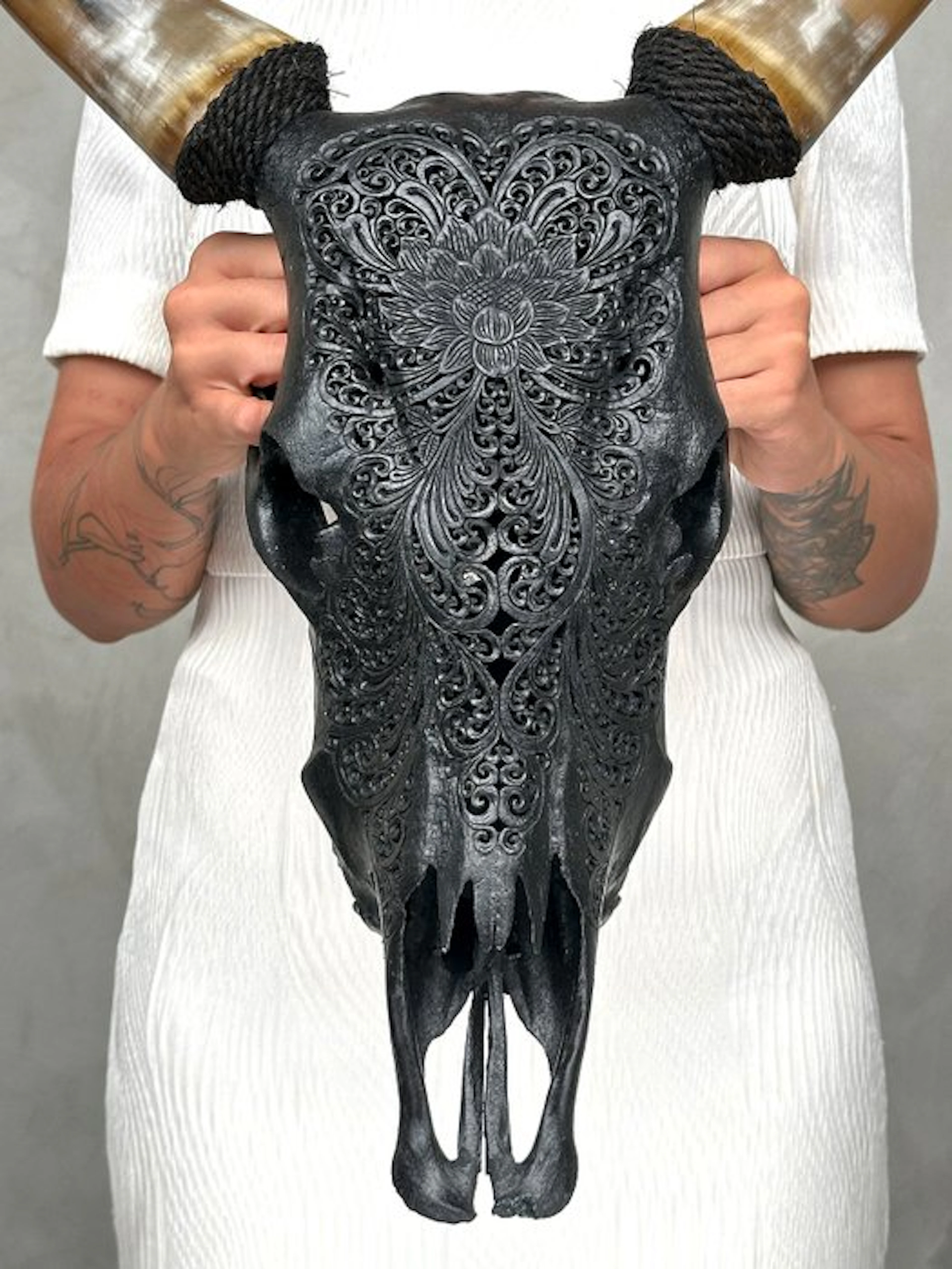 NO RESERVE PRICE - Authentic Hand-Carved Black Cow Skull...