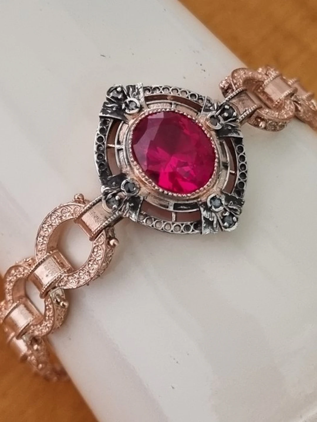 No reserve price - Bracelet - 9 kt. Silver, Rose gold Ruby - Diamond