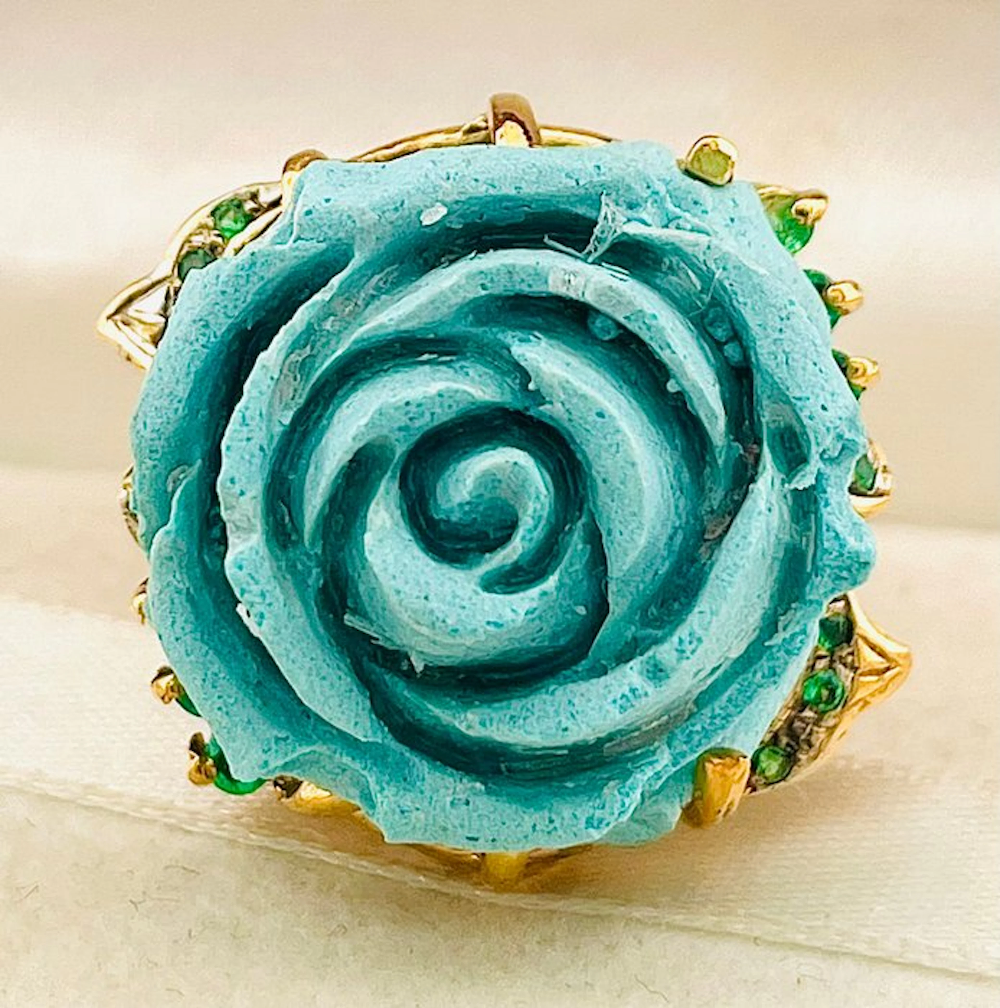No reserve price - Ring - 9 kt. Silver, Yellow gold Emerald - Turquoise