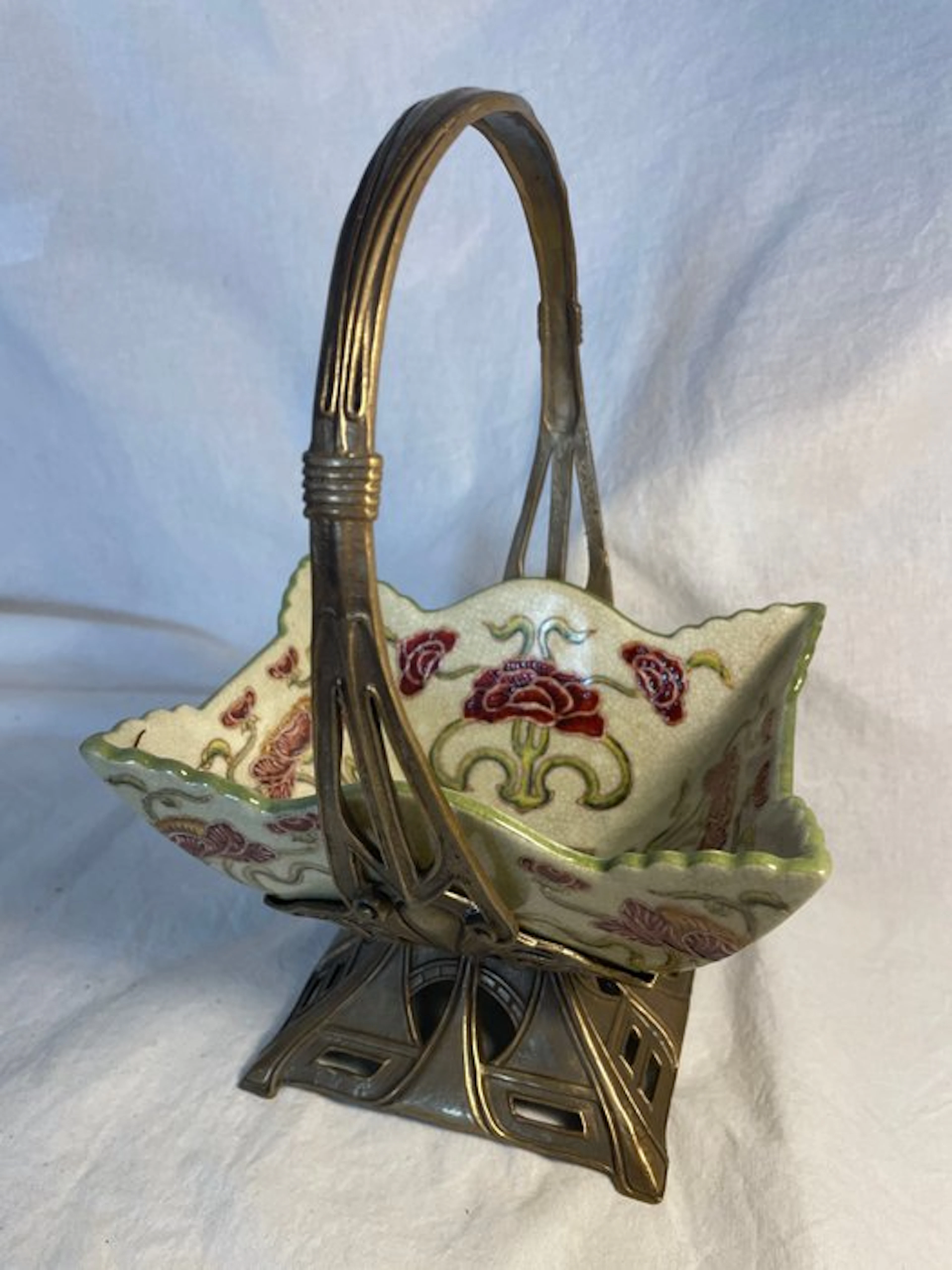 Basket - Art Deco Style - Enamelled Ceramic, Bronze/Brass