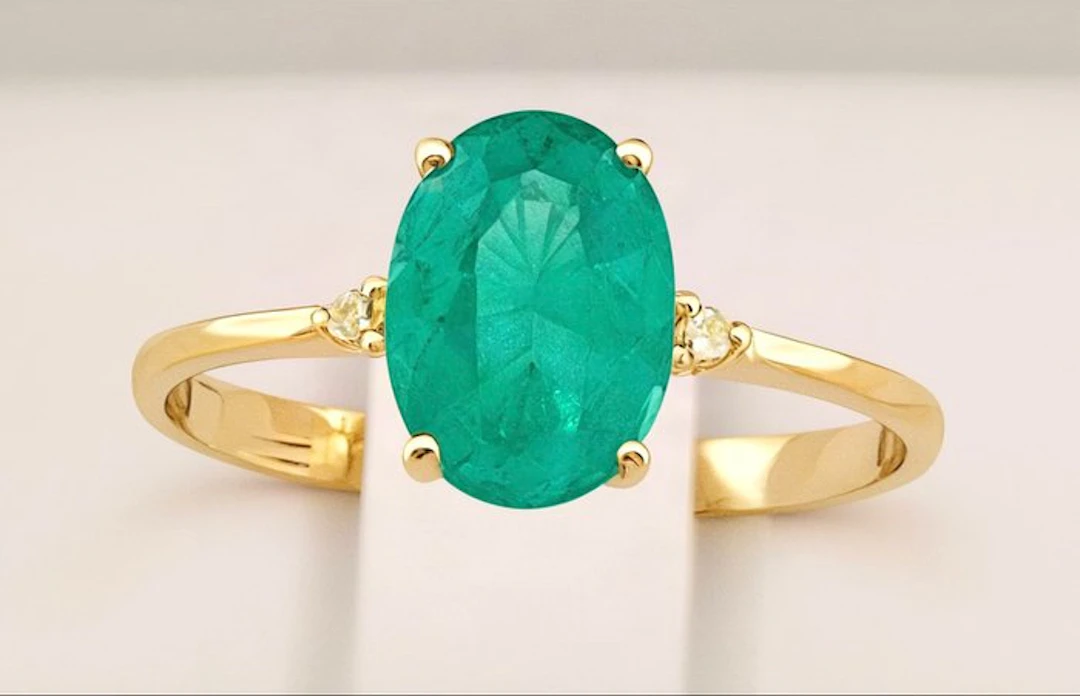 No reserve price - Ring - 14 kt. Yellow gold Emerald - Diamond