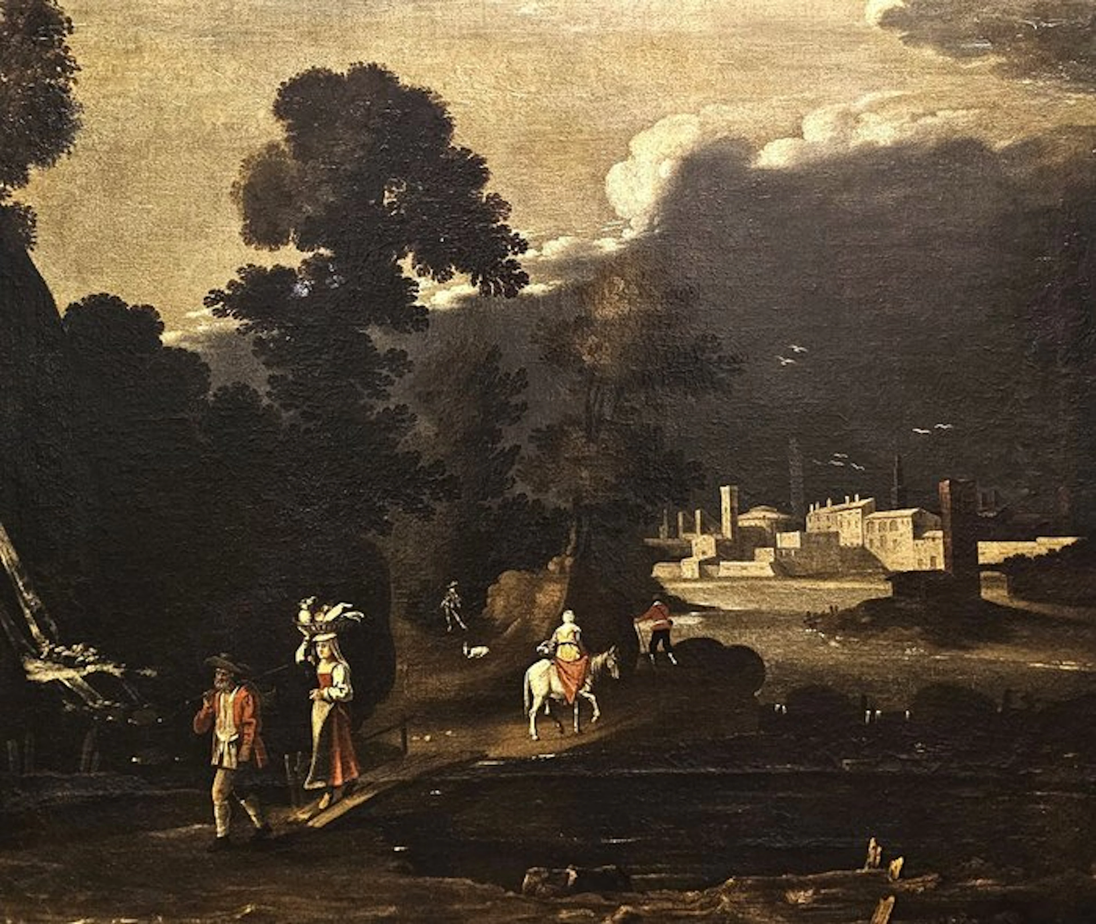 Italian School (XVIII) - Landscape of the Roman countryside with travelers