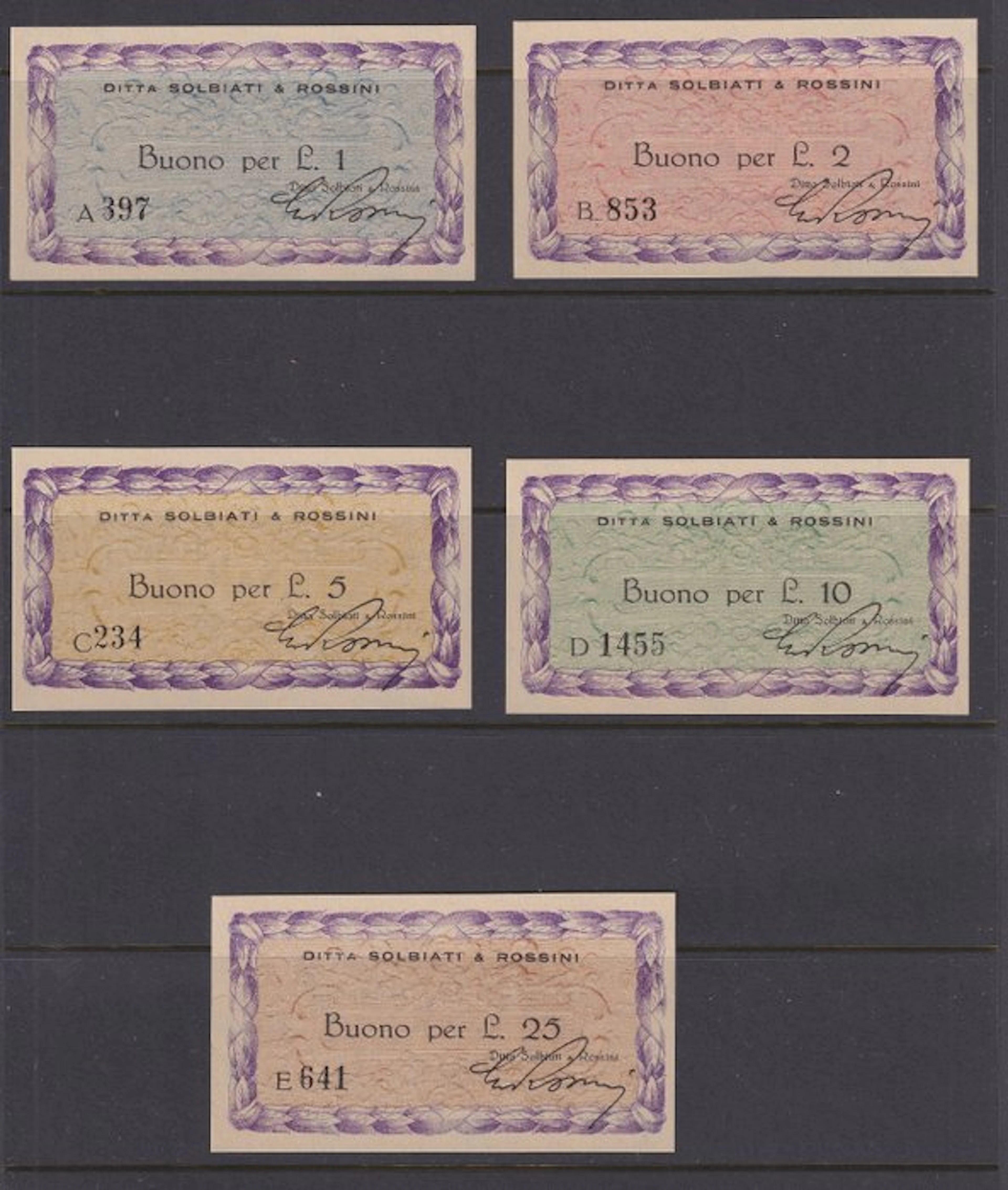 Italy. - 1, 2, 5, 10, 25 Lire 1943-1945 Busto Arsizio /Ditta Solbiani Rossini