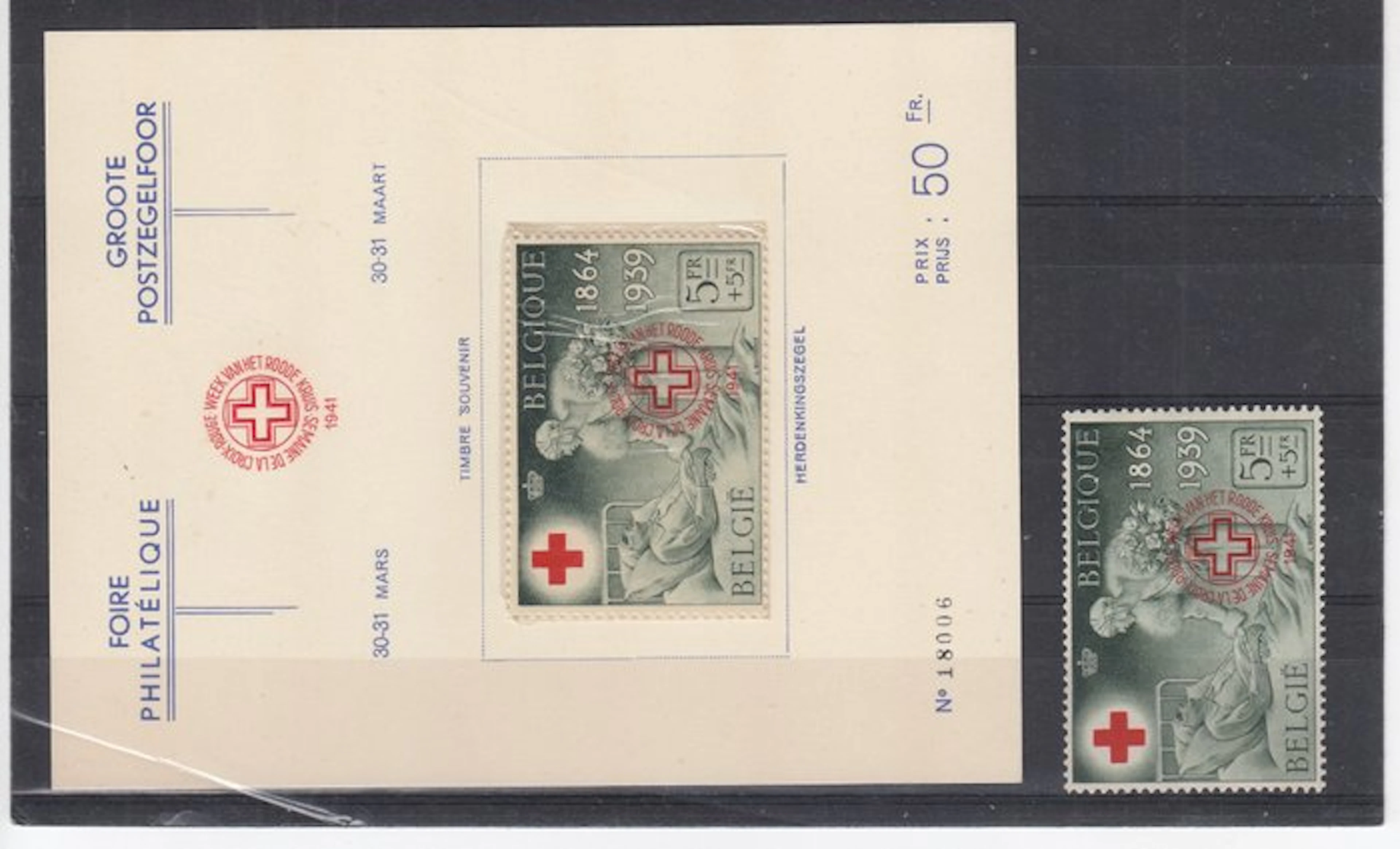 Belgium 1941 - Red Cross - OBP : 582B op kaart EN zonder kaart
