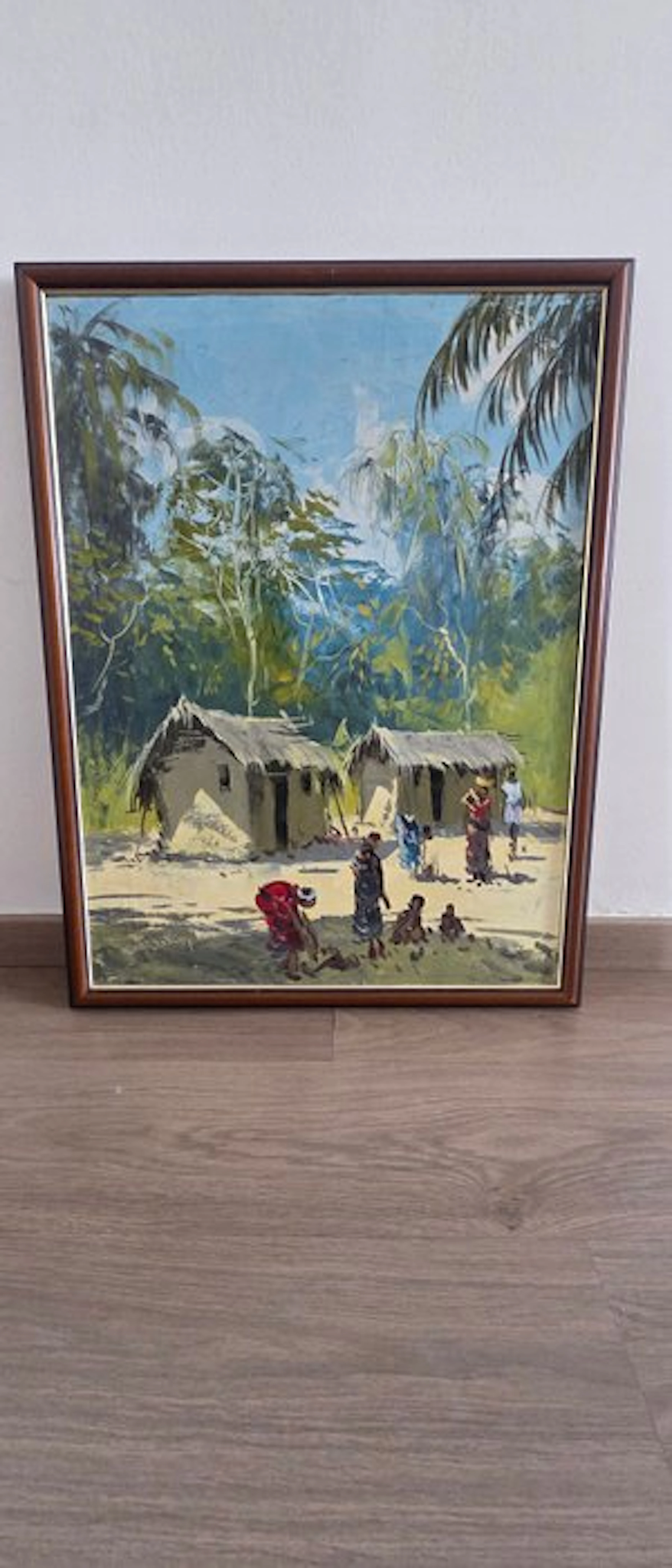 DOM - Scène de vie villageoise africaine – Huile sur toile signée, encadrée