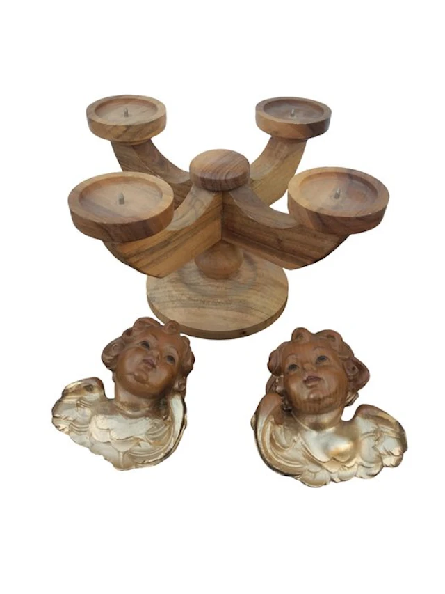 Carving, Holzfiguren - zwei Putten Engelsköpfe + Adventleuchter - 10 cm - Wood