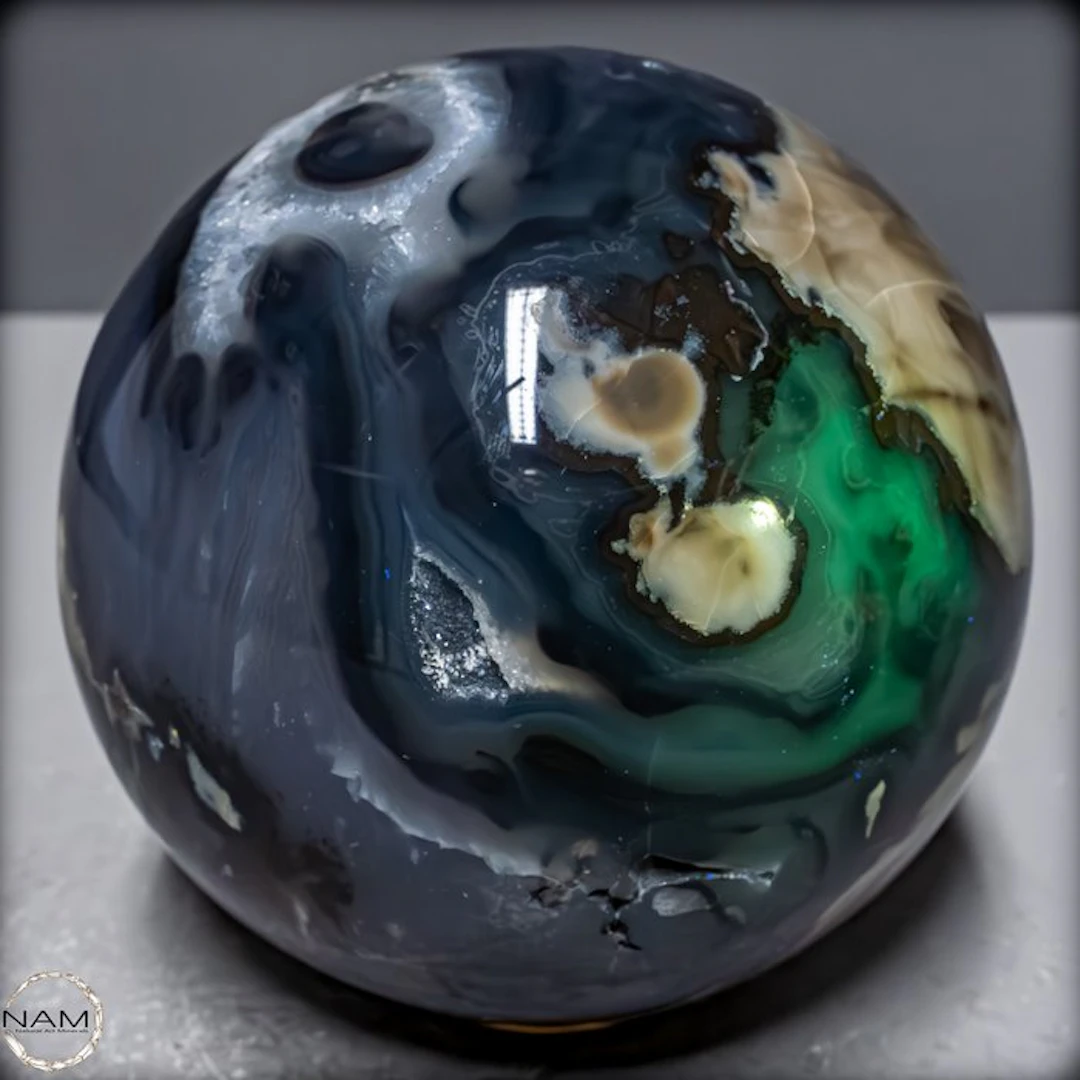 Rare UV-active Moss Agate – A sphere with a remarkable...