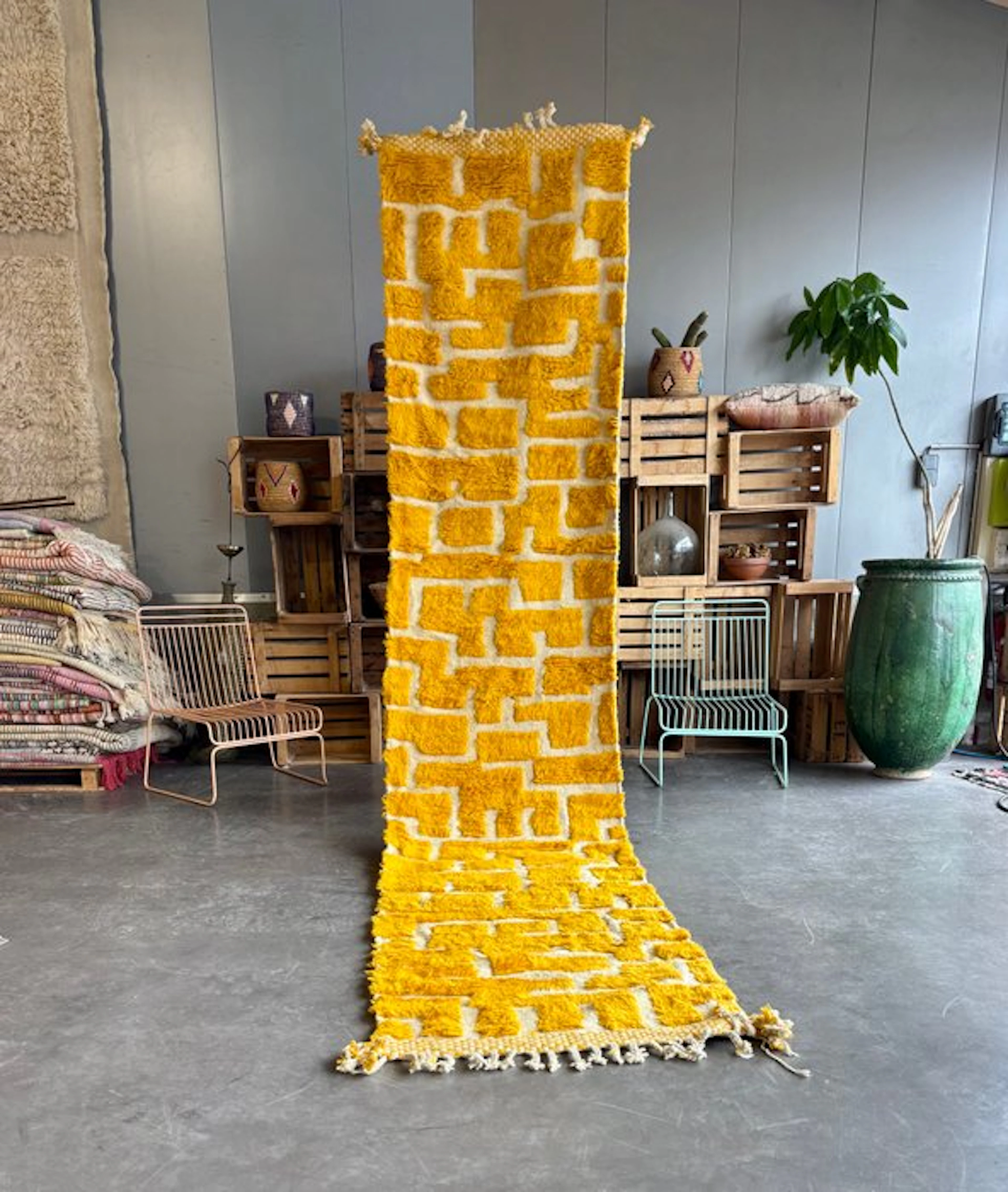 Moroccan Yellow Runner Wool Rug - Rug - 410 cm - 90 cm - Handoven Rug