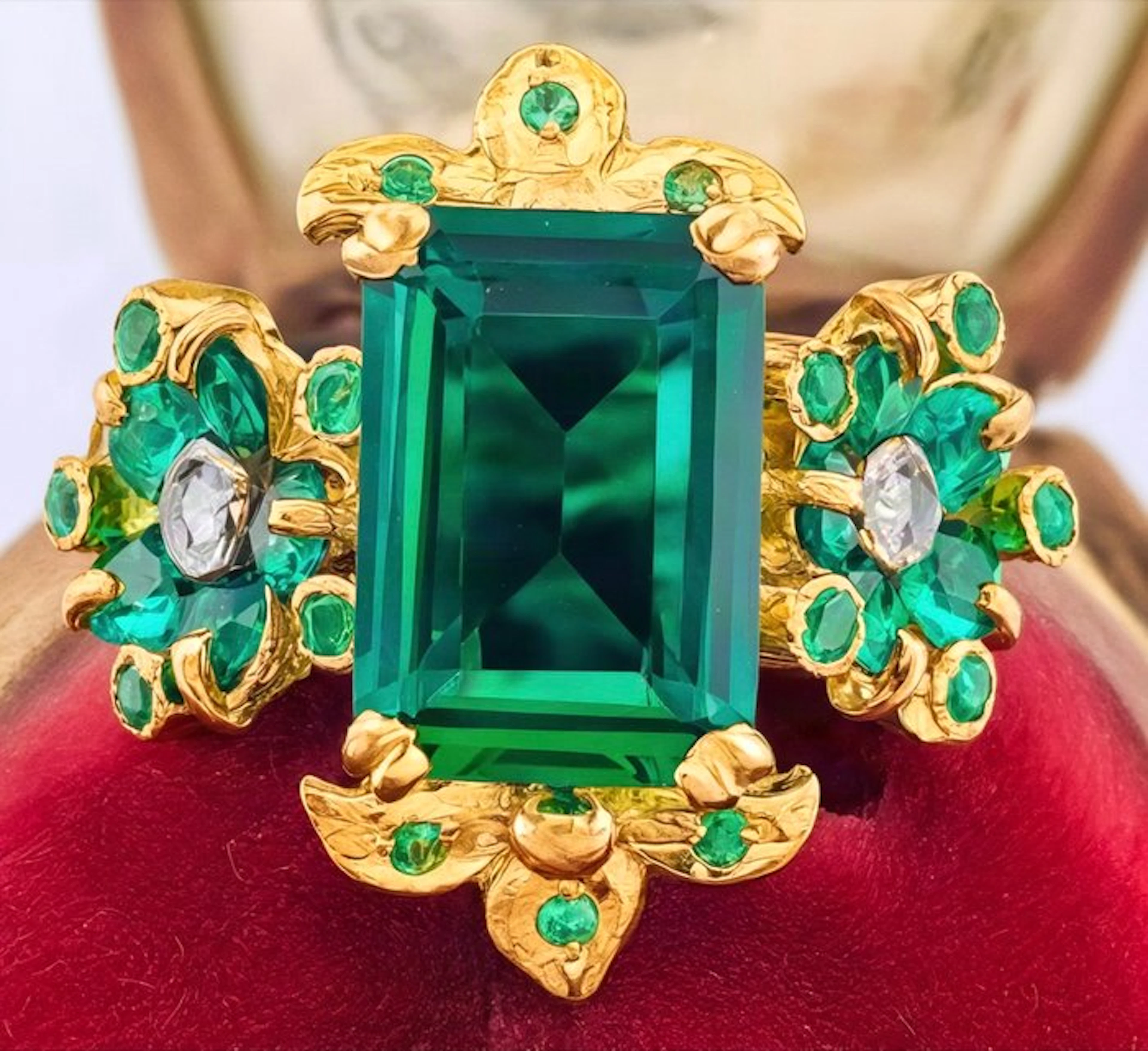 No reserve price - Ring - 9 kt. Yellow gold, Silver Emerald - Diamond