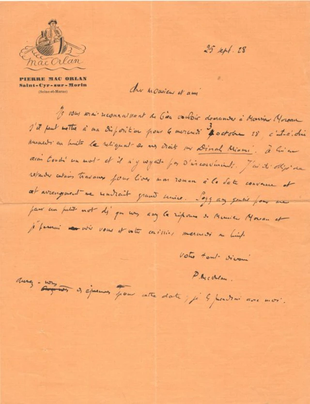 Pierre Mac Orlan (1882/1970) Ecrivain - L.A.S adressée à...