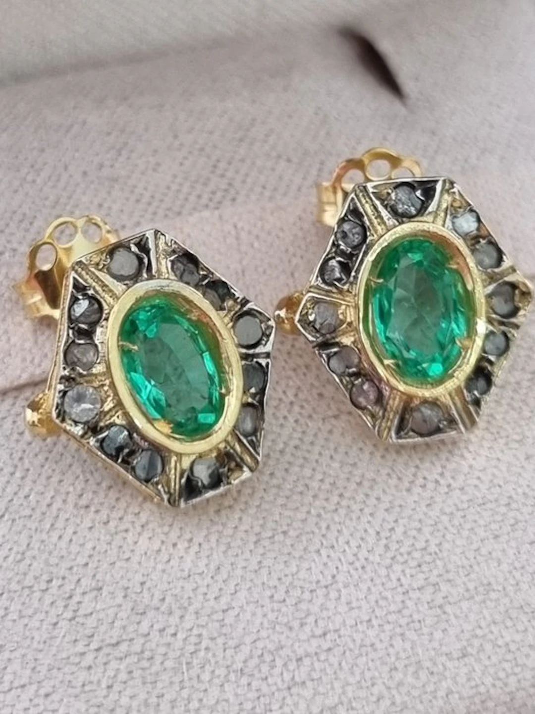 No reserve price - Earrings - 9 kt. Silver, Yellow gold Emerald - Diamond