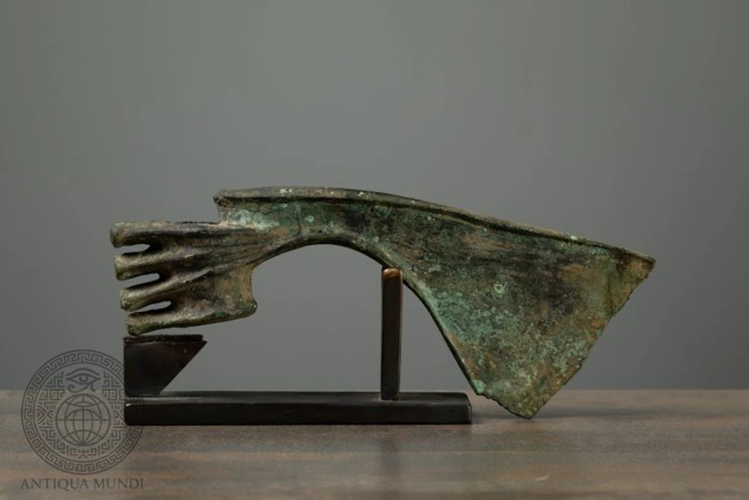 Western Asiatic Bronze Axe with Openwork Shaft and Four-Pronged Finial - 21 cm