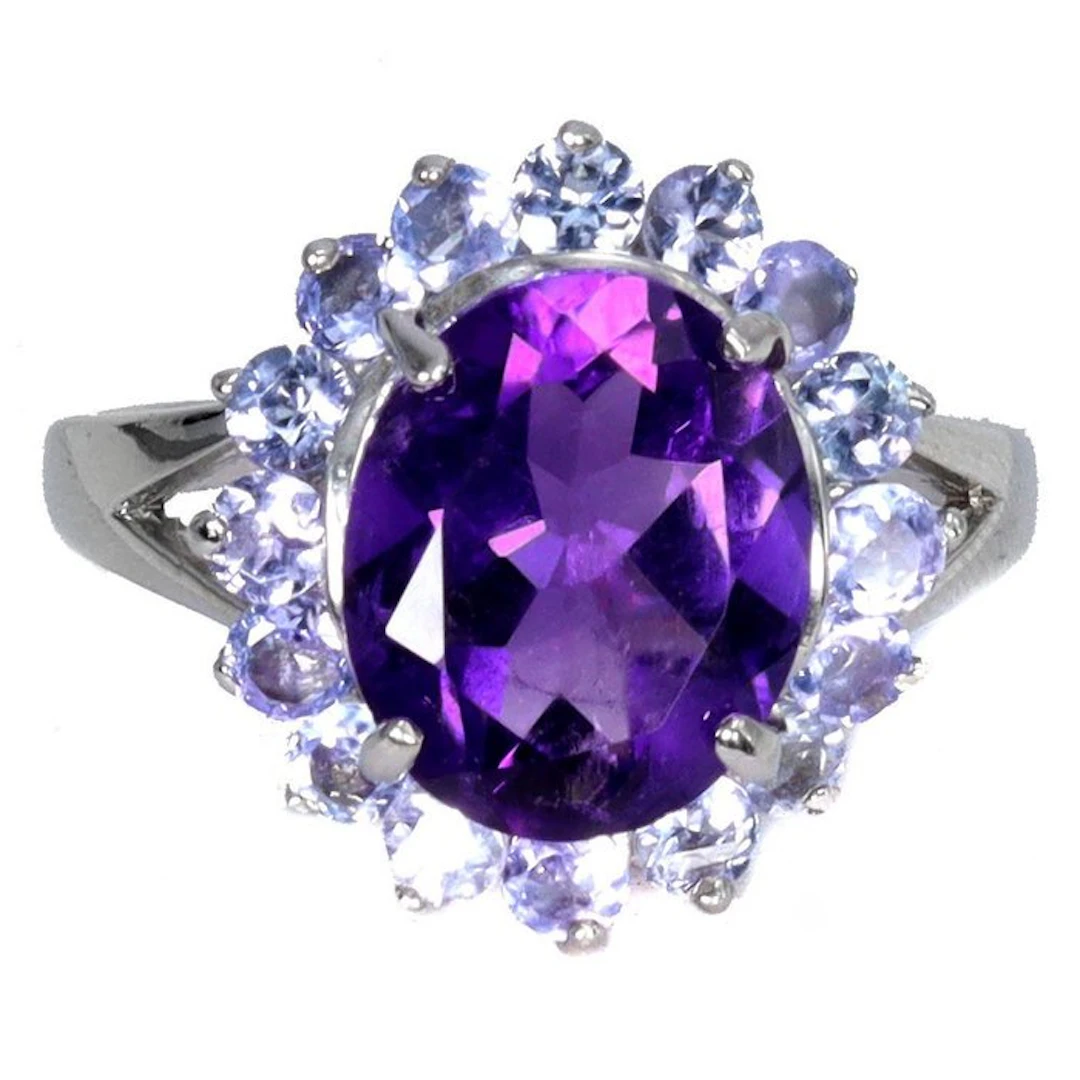 No reserve price - Ring Silver, 14K White Gold plated Amethyst - Aquamarine