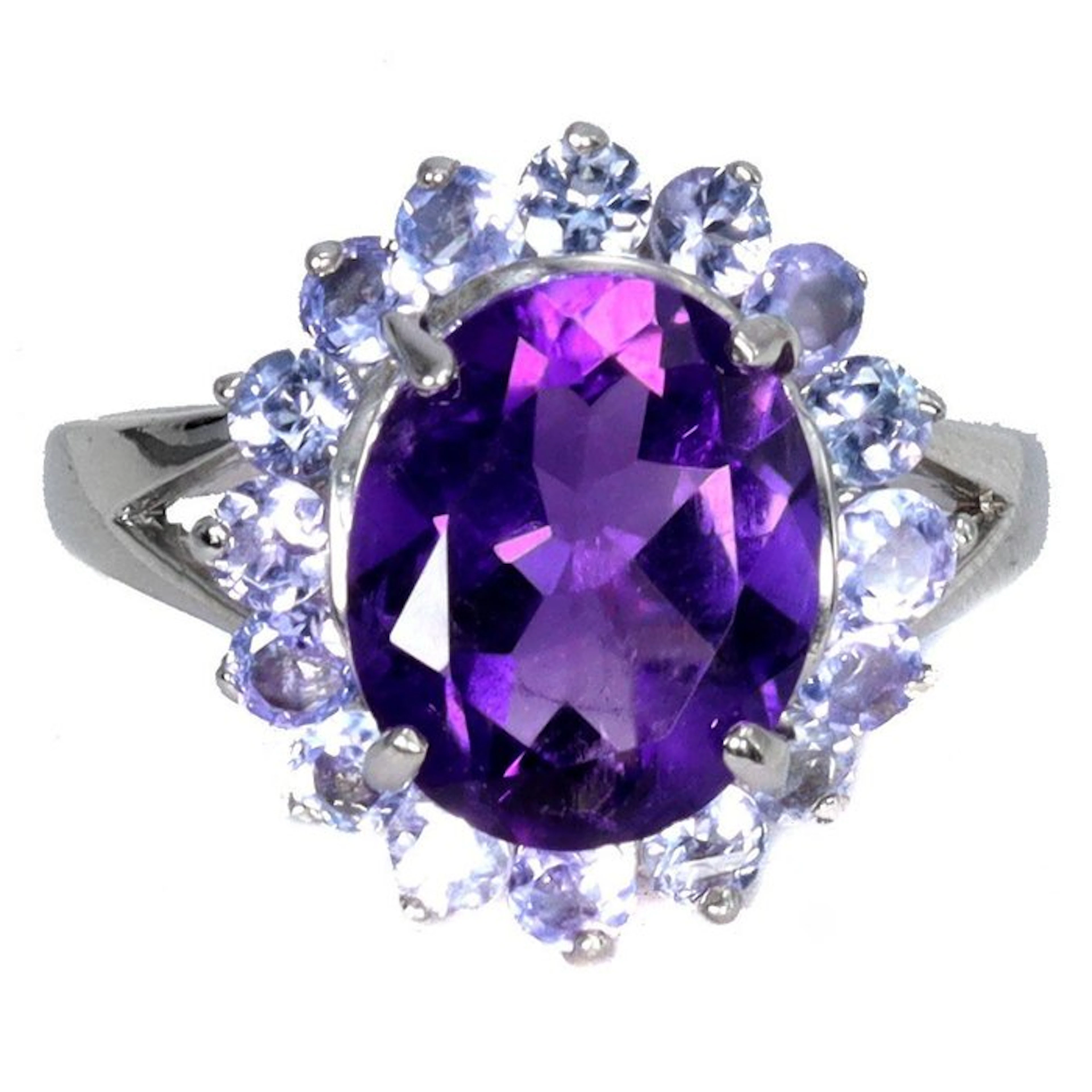No reserve price - Ring Silver, 14K White Gold plated Amethyst - Aquamarine