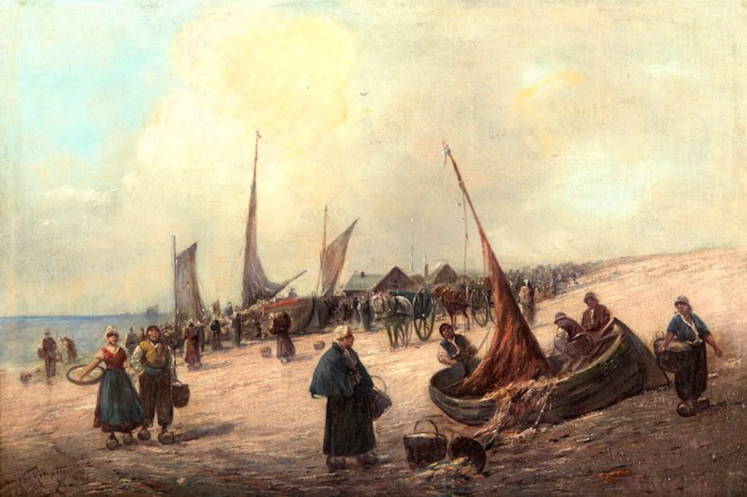 Scuola Pre-impressionista (XIX) - Scena di spiaggia con pescatori