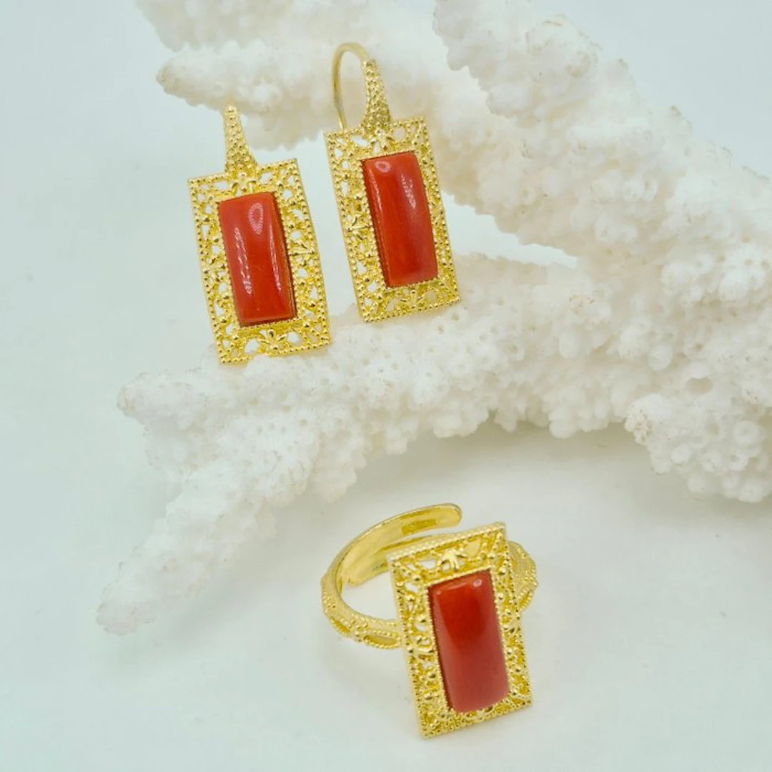 Coral - Silver, Gold-plated - 2 piece jewellery set - CORALLO MEDITERRANEO