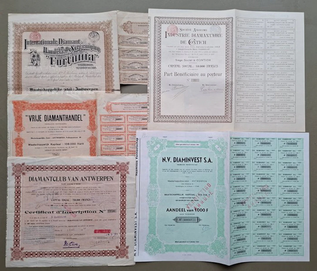 Belgium. 5 x Diamant aandeel 1910 -1 974 (No reserve price)