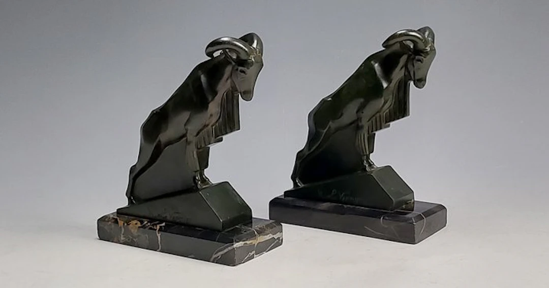 Max le Verrier - Bookends (2) - Marble, Metal - Art Deco