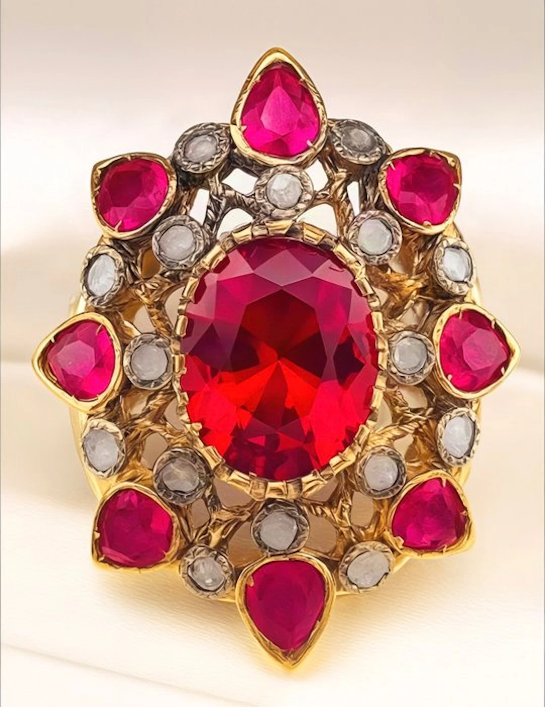 No reserve price - Ring - 9 kt. Yellow gold, Silver Ruby - Diamond