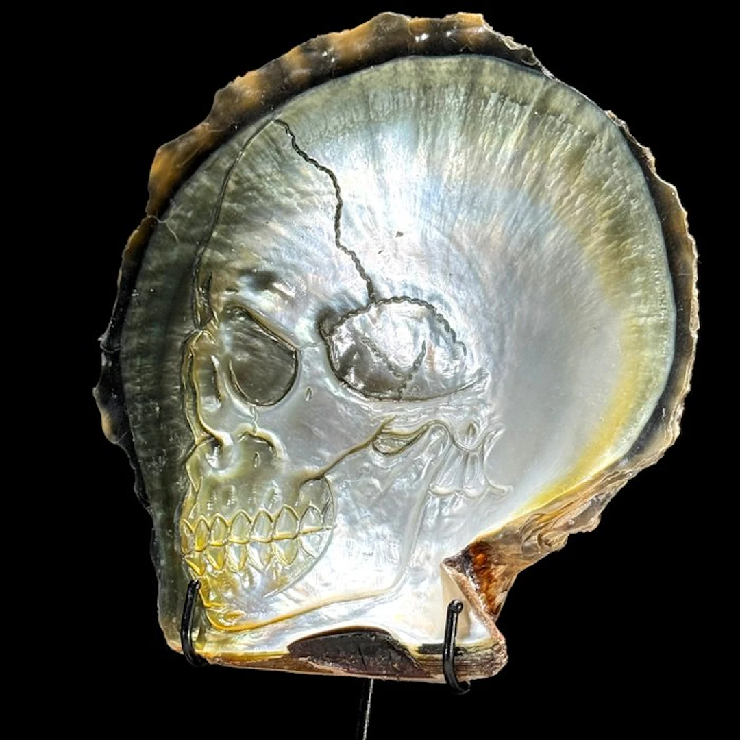 Intricately carved Mother of Pearl Shell - Human Skull...