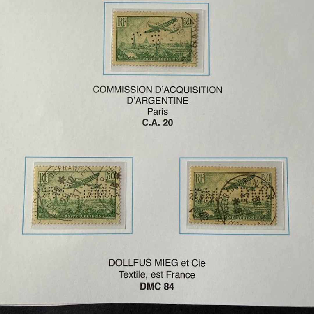 France - Air Mail Yvert 14 '50fr green'—3 perforated stamps, canceled. TB.