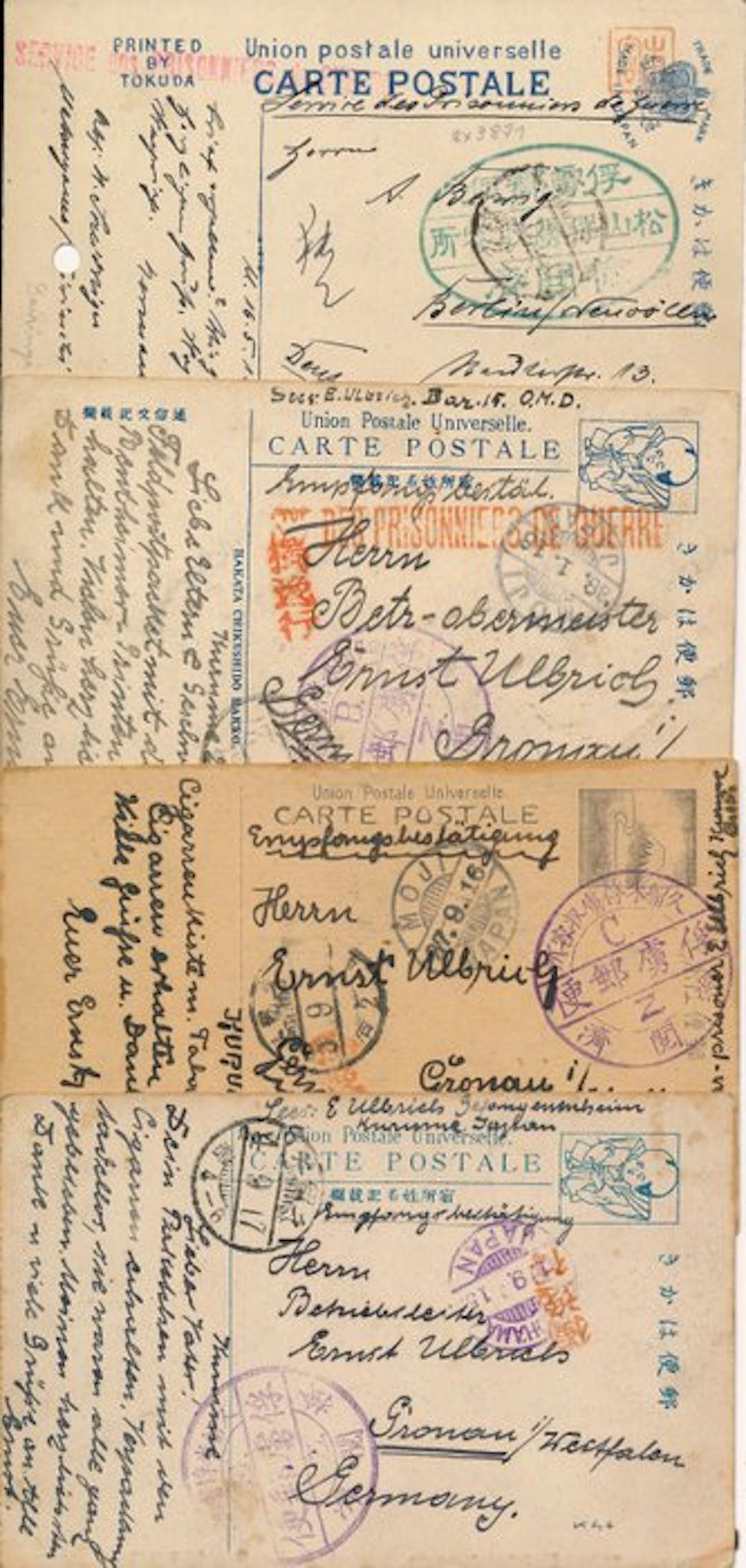 Kiautschou 1915 - POW mail, Japanese camp mail, 4 cards to Germany, rare